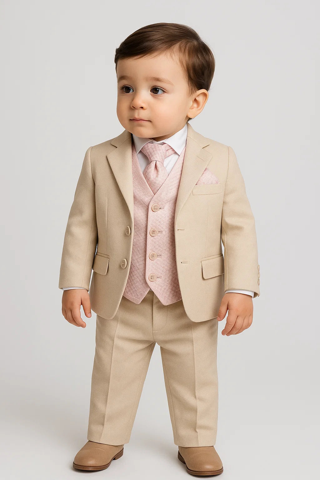 Boys Beige Suit with Patterned Waistcoat and Cravat Set - Beige - Pink