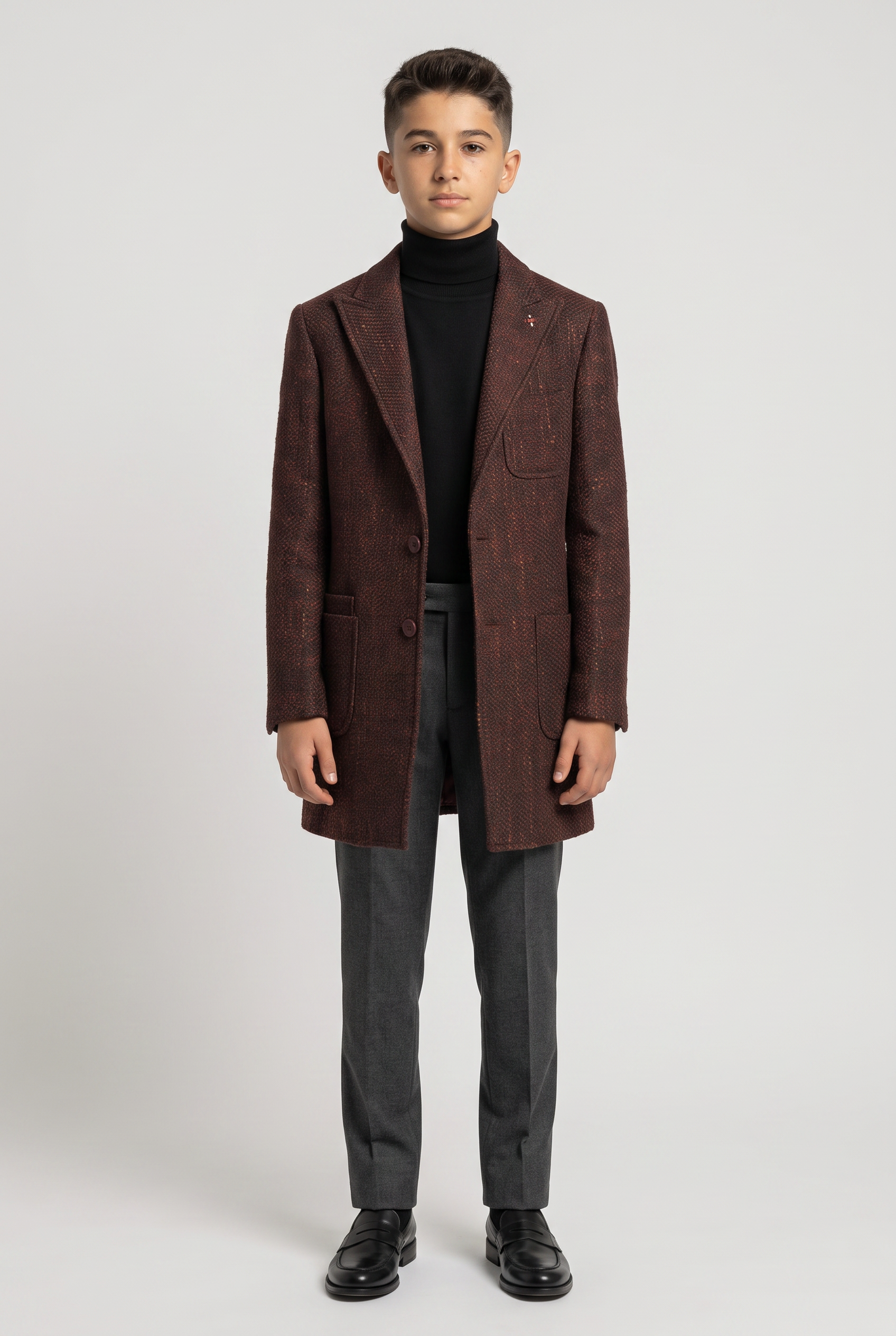 Boys Burgundy Brown Textured Tweed Blazer