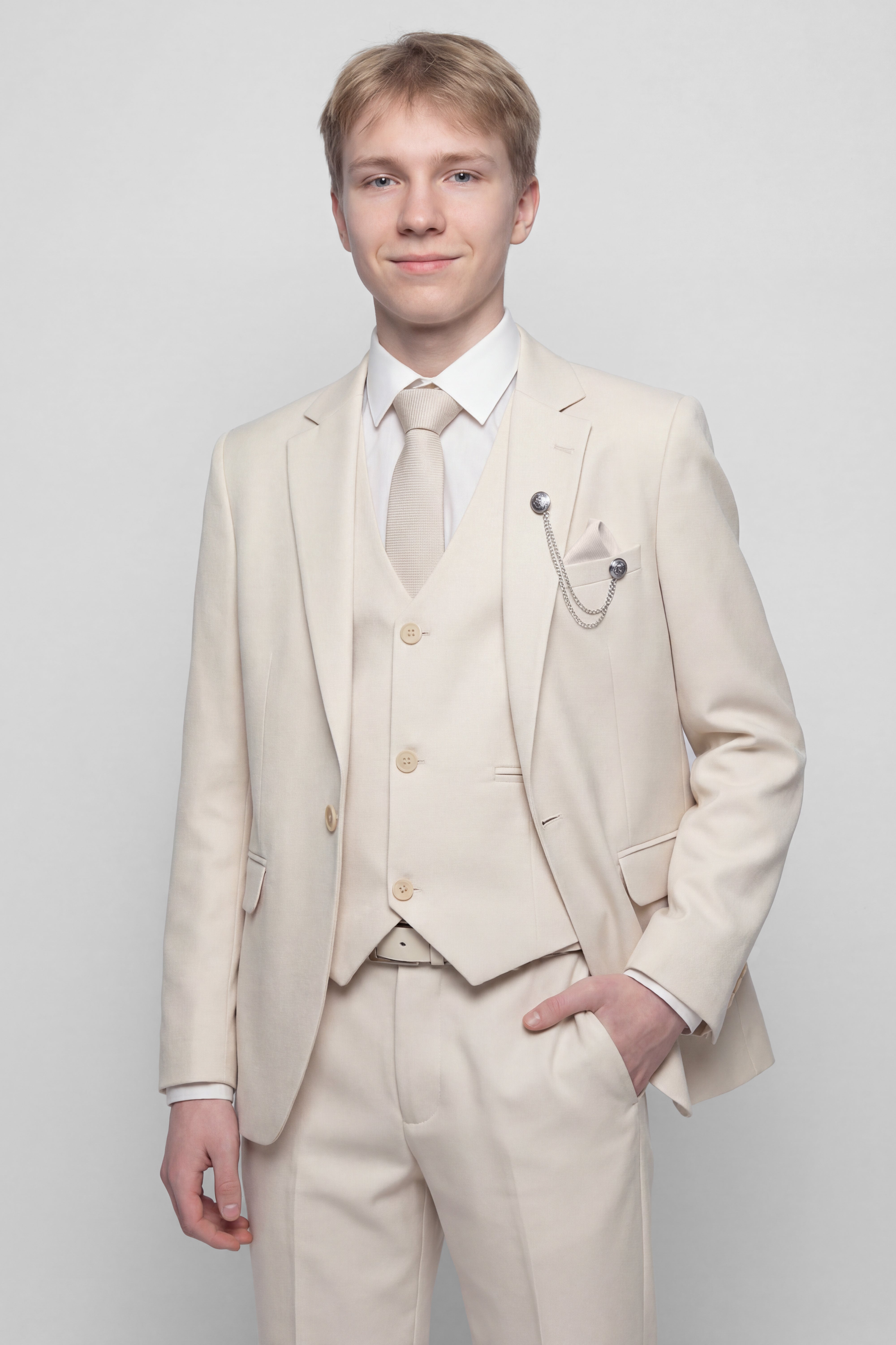 Boys Communion Slim Fit Textured 8-Piece Formal Suit Set - Ivory Model Picture