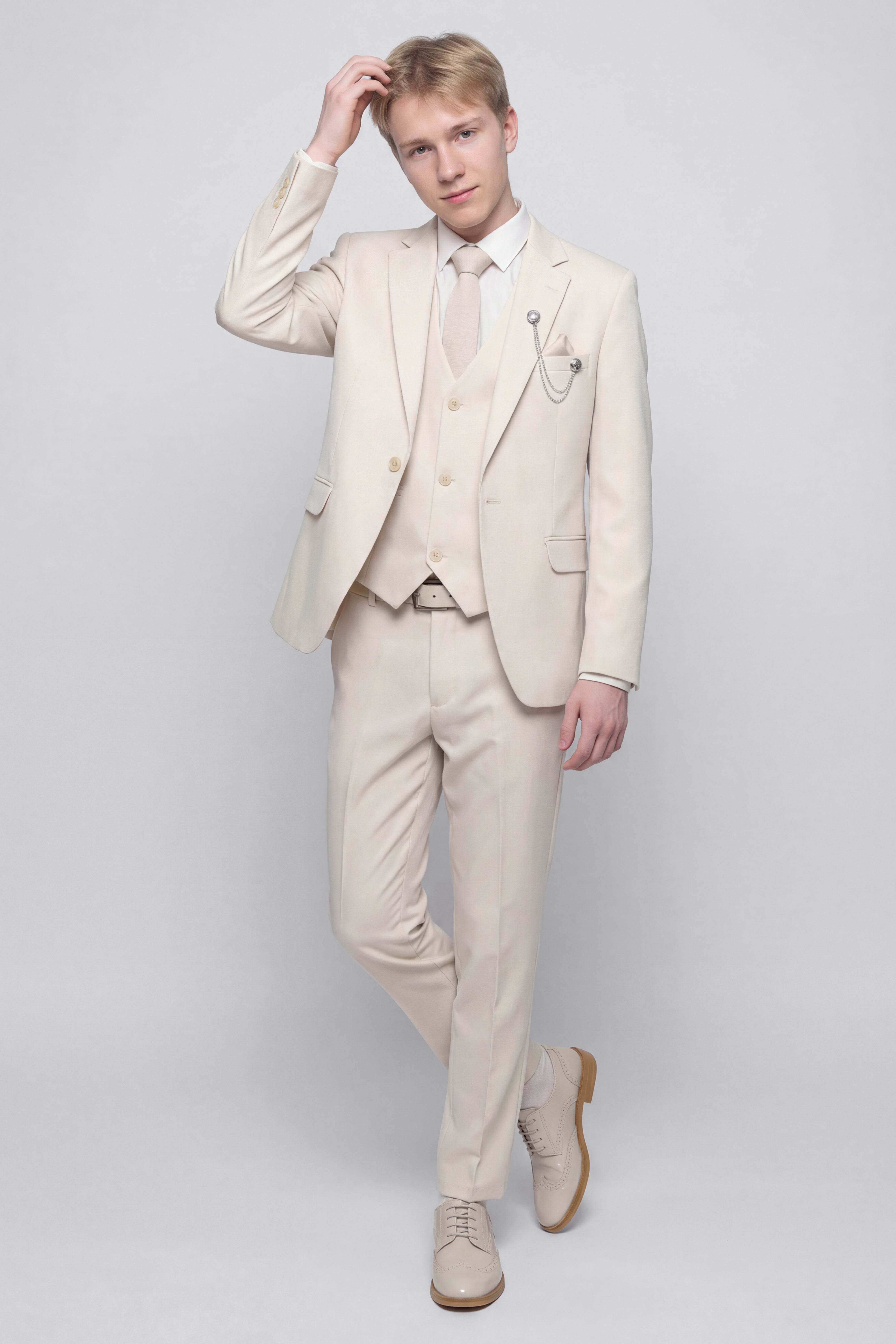 Boys Communion Slim Fit Textured 8-Piece Formal Suit Set - Ivory Model Front Picture