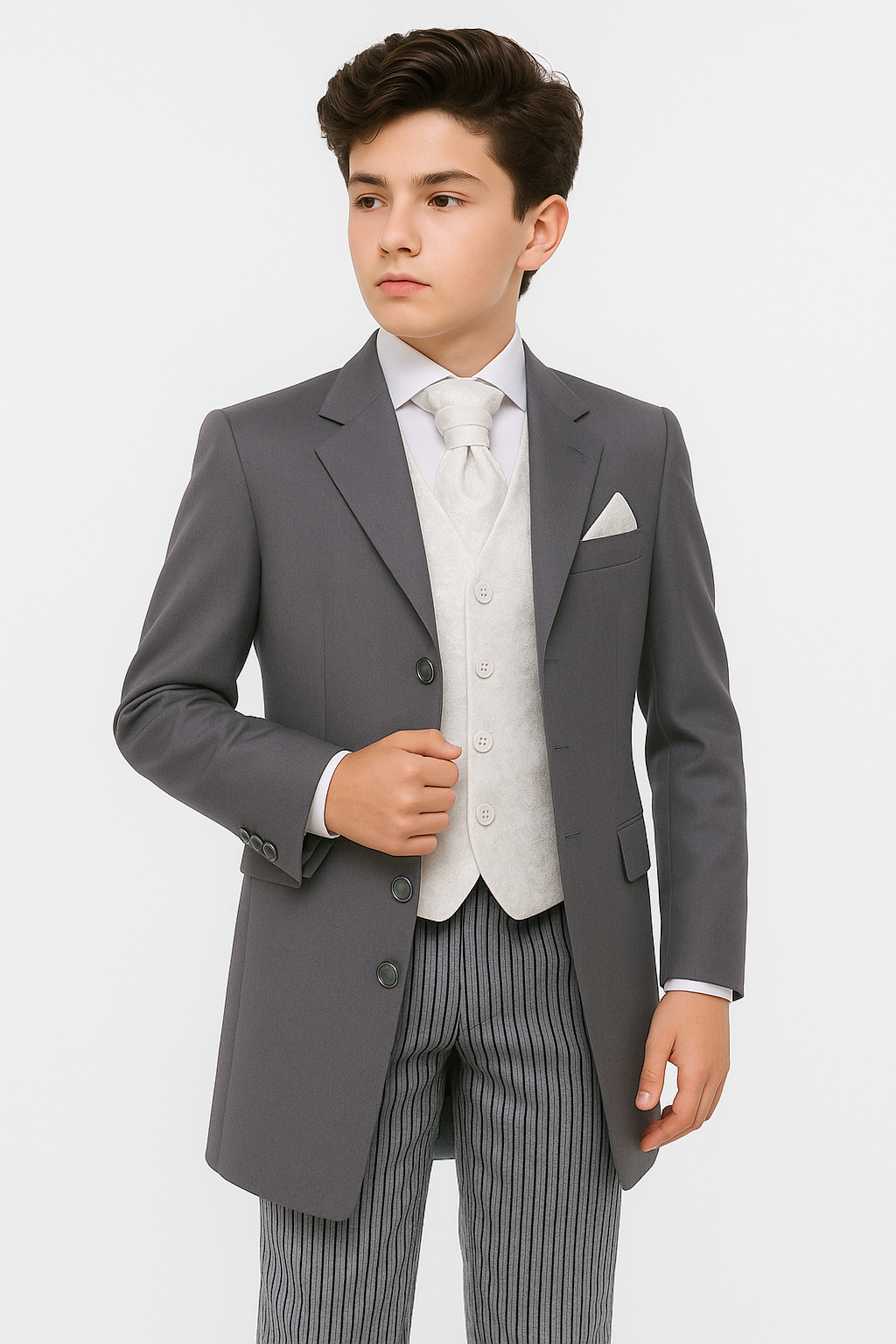 Boys Complete Tail Morning Suit - Charcoal Grey - Ivory Front Picture