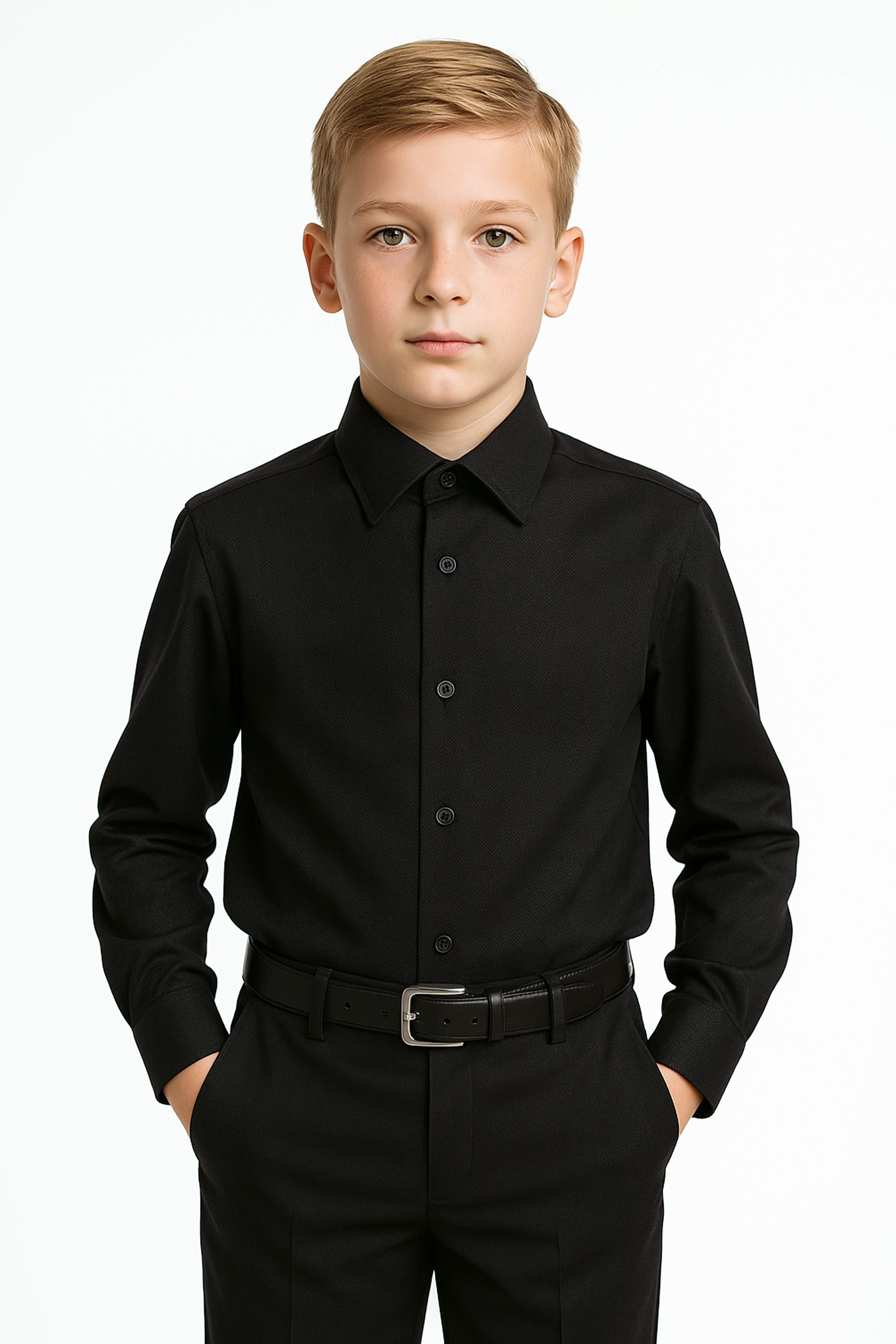 Boys’ Cotton Herringbone Formal Shirt with Classic Collar - Harput - Black