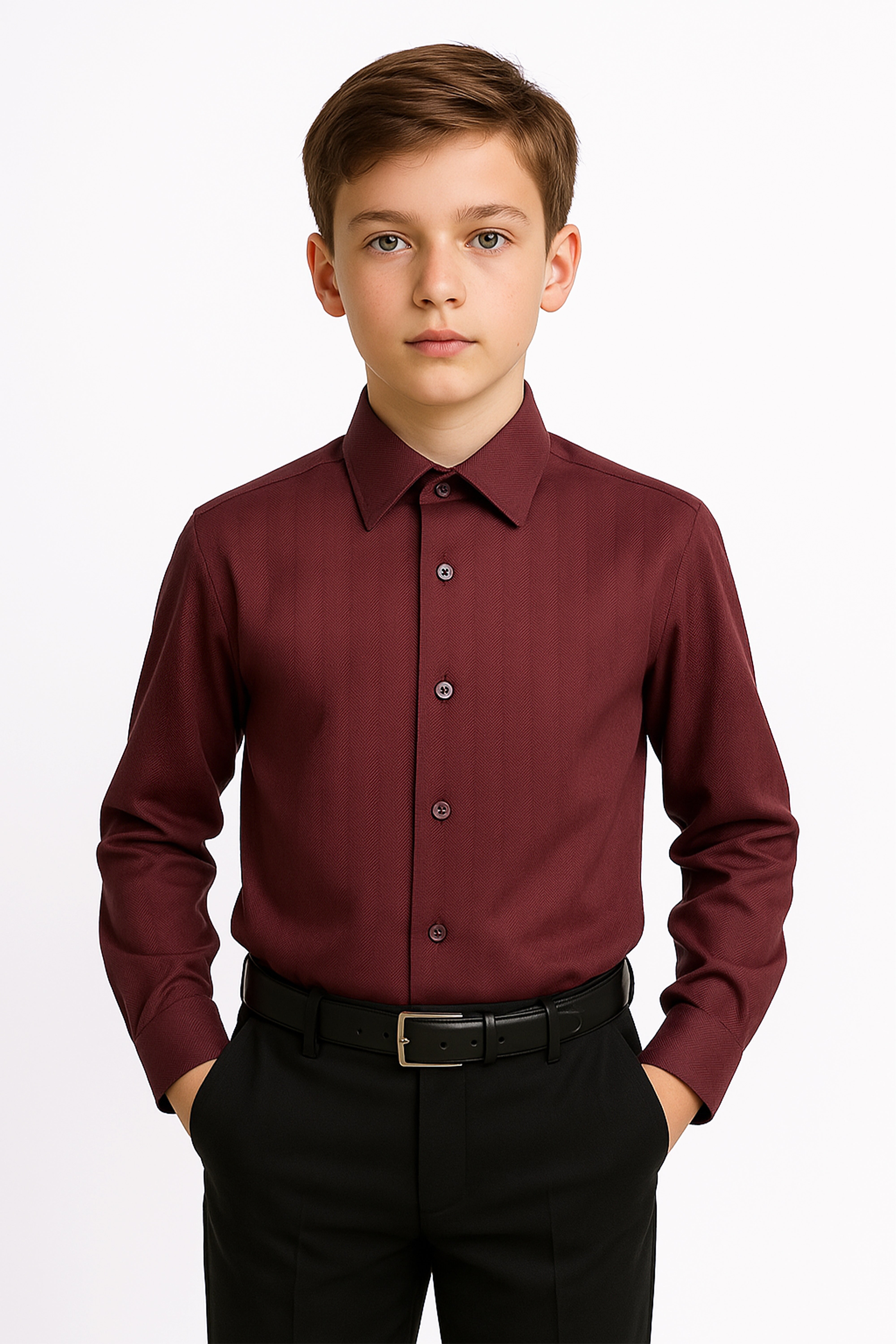 Boys’ Cotton Herringbone Formal Shirt with Classic Collar - HARPUT - Burgundy Model Front Picture
