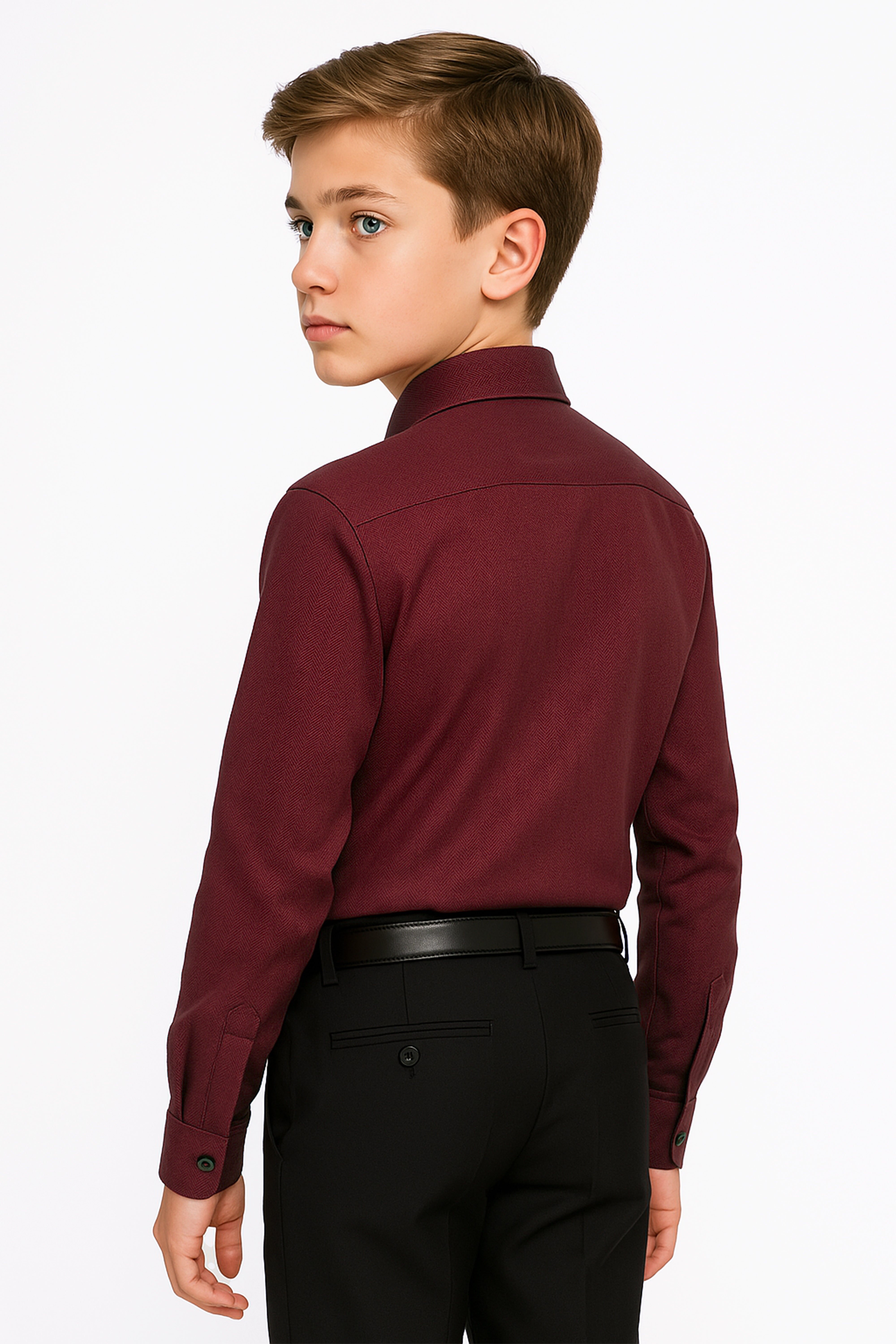 Boys’ Cotton Herringbone Formal Shirt with Classic Collar - HARPUT - Burgundy Model Back Picture