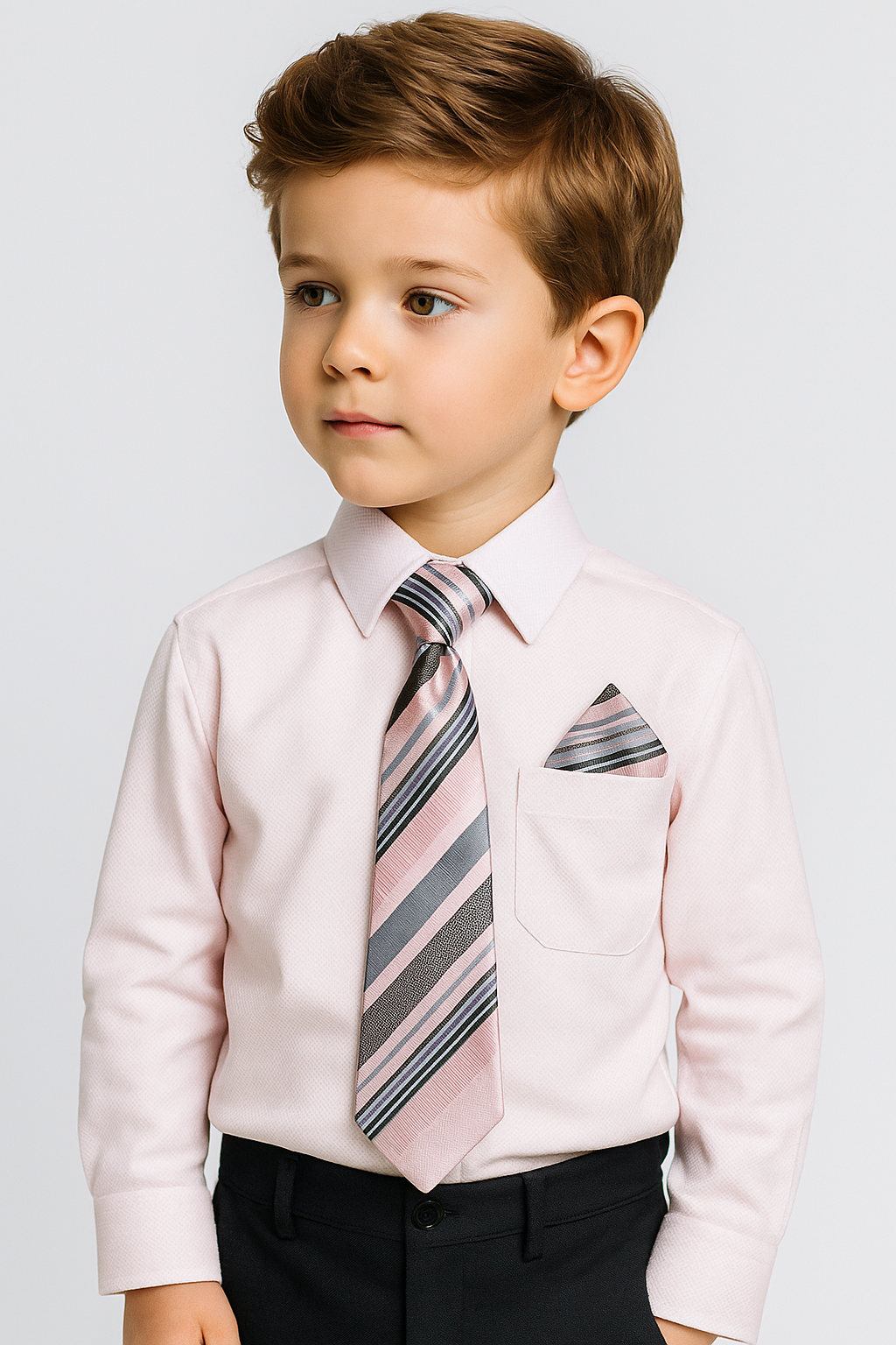 Boys Cotton Blend Long Sleeve Shirt, Tie & Hanky Set - Pink-Patterned Tie