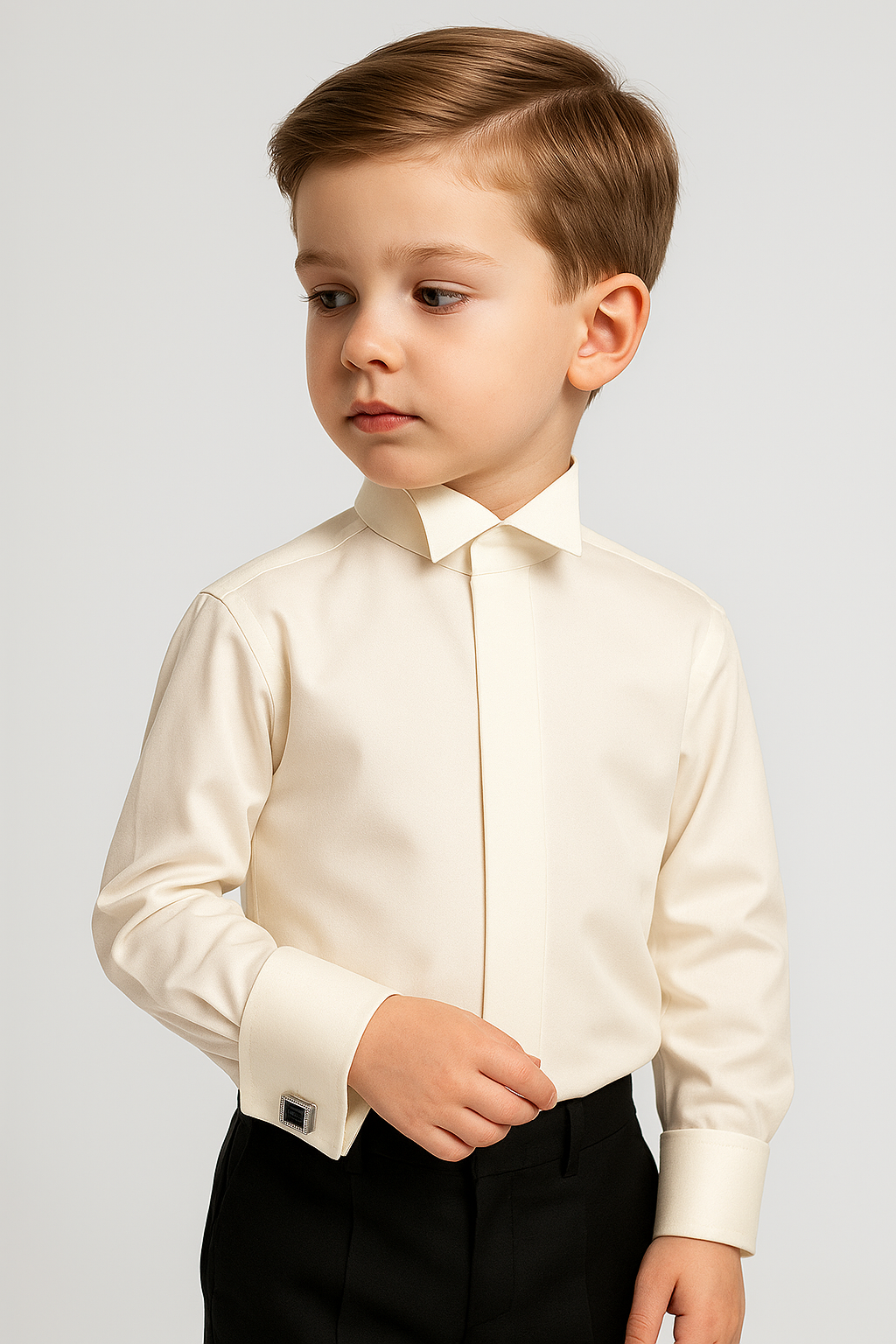 Boys’ Cotton Ivory Wing Collar Dress Shirt with Cufflinks Front Picture
