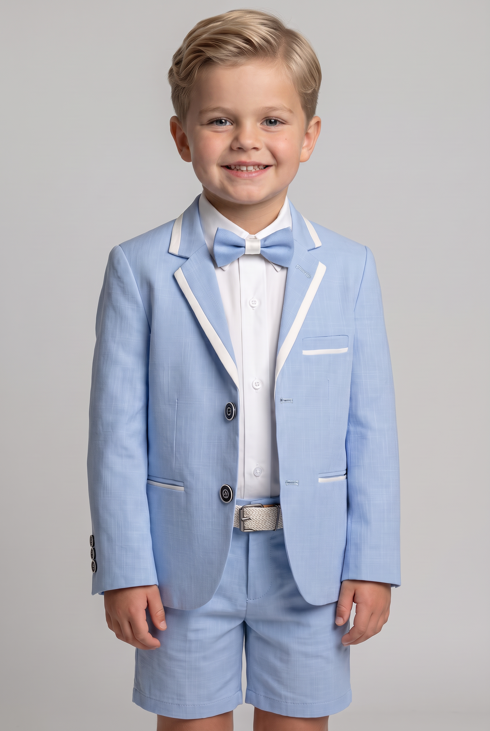 Boys Cotton Piping Sky Blue Shorts Suit - Blue Model Front Picture