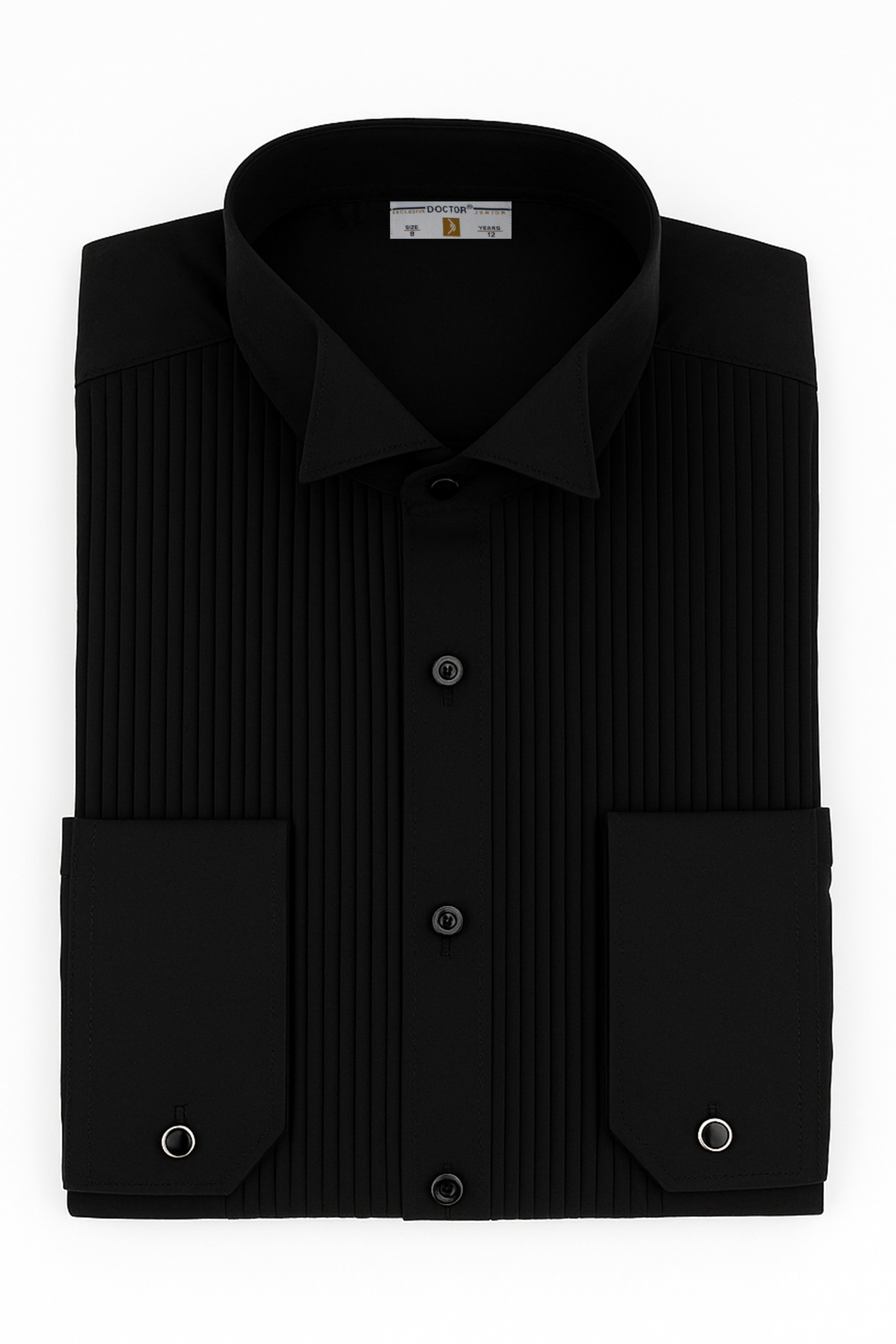 Boys’ Cotton Pleated Dress Shirt with Cufflinks - Black