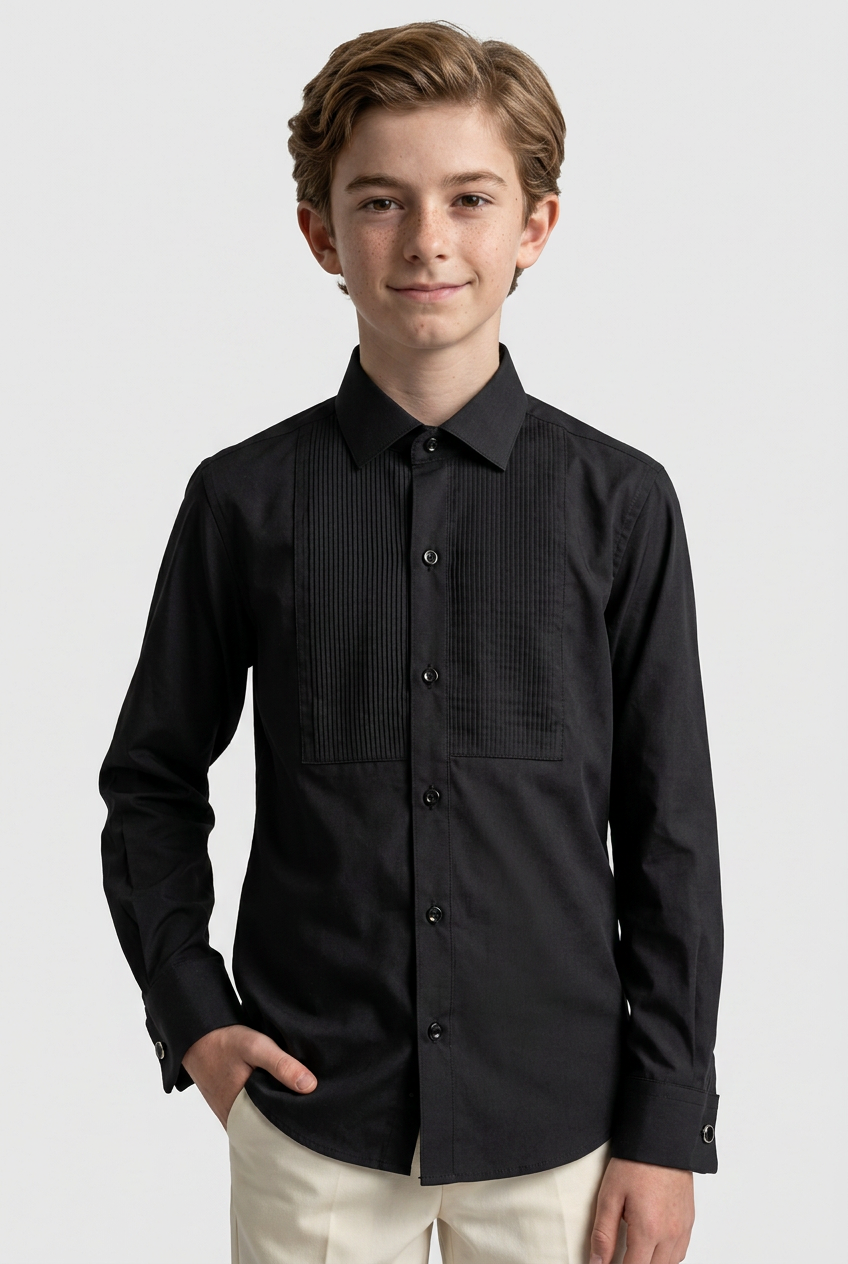 Boys Cotton Wing Collar Pleated Cufflink Shirt - Black