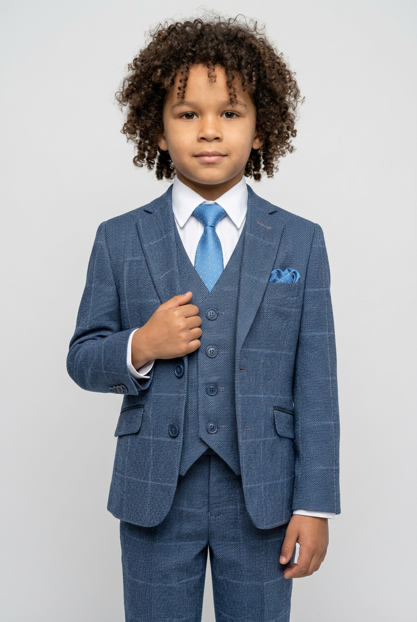 Boys Exclusive Check Tweed Blue Suit - Blue