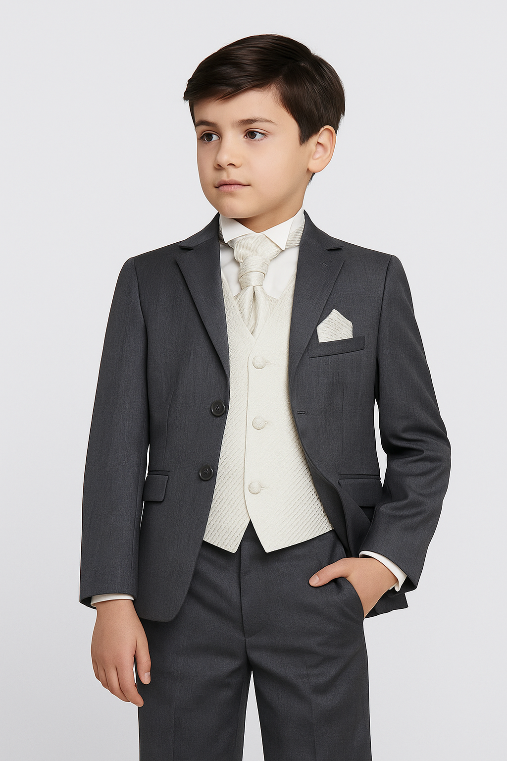 Boys Formal Suit with Patterned Waistcoat and Cravat Set - Grey and Ivory