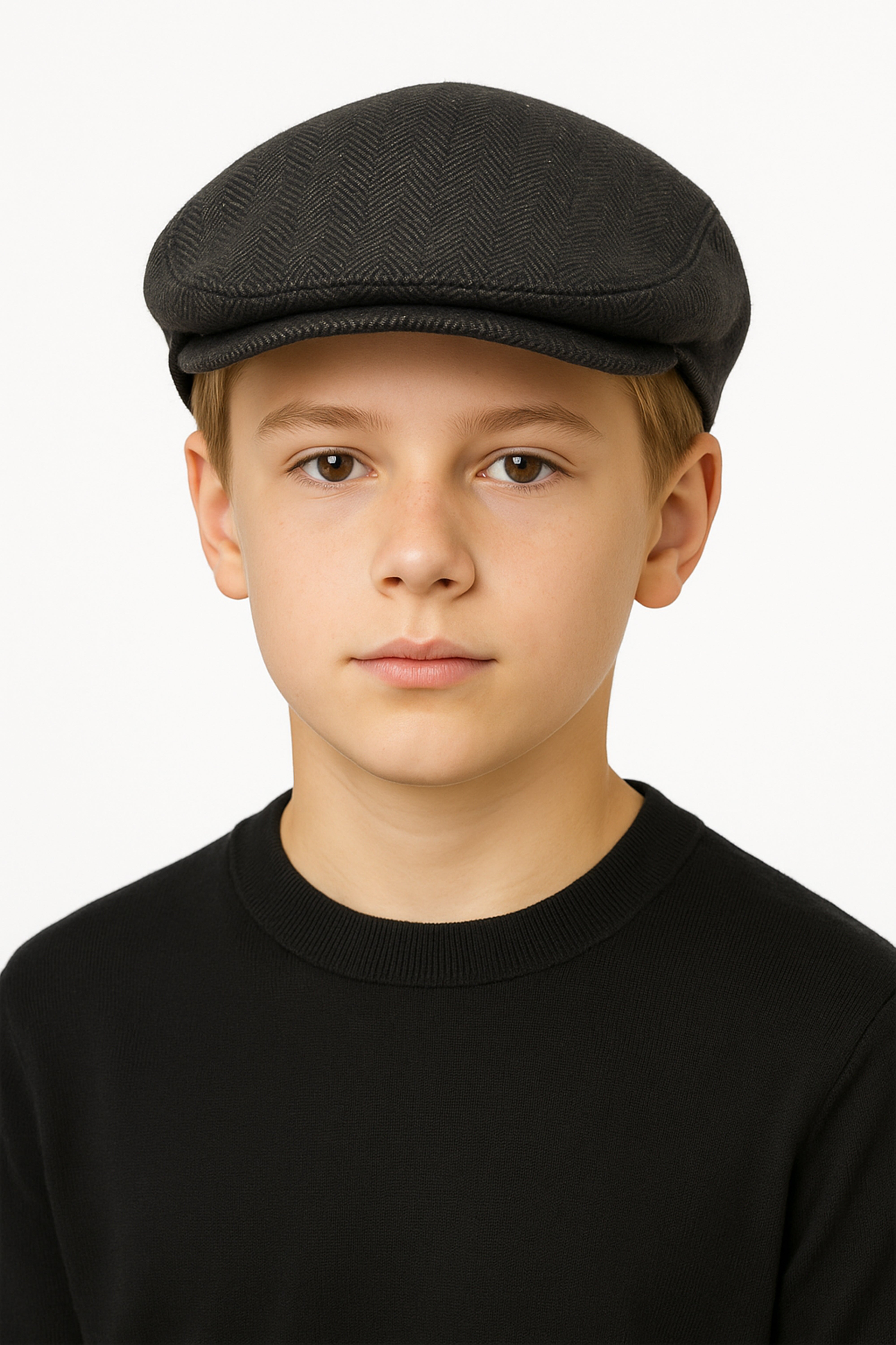 Boys’ Herringbone Tweed Baker Boy Flat Cap - Geoge - Dark Grey Model Picture