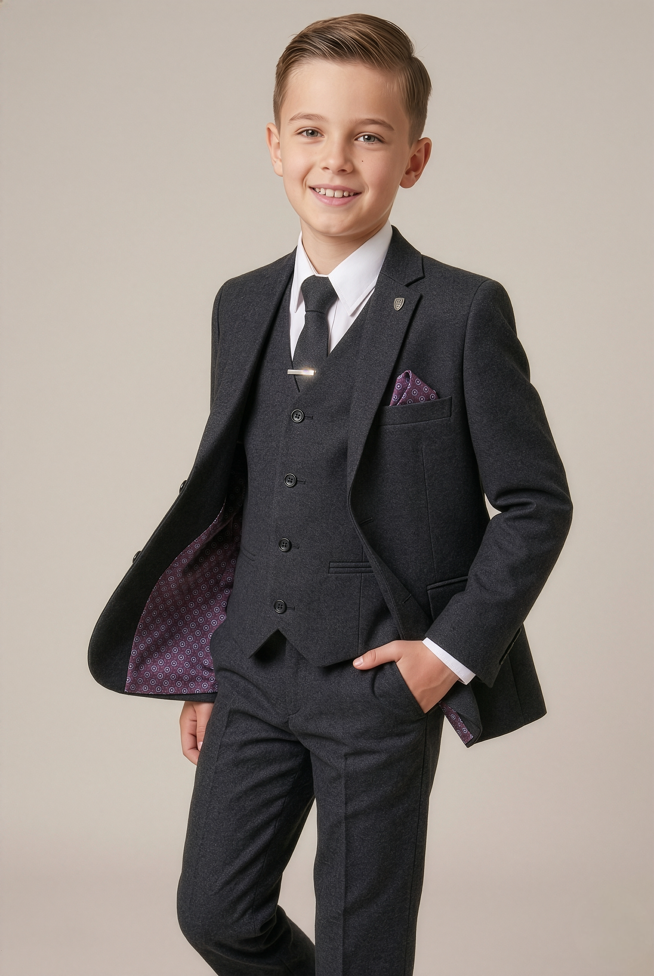 Boys Husky Tweed Tailored Fit Grey Suit - ADAM - Dark Grey