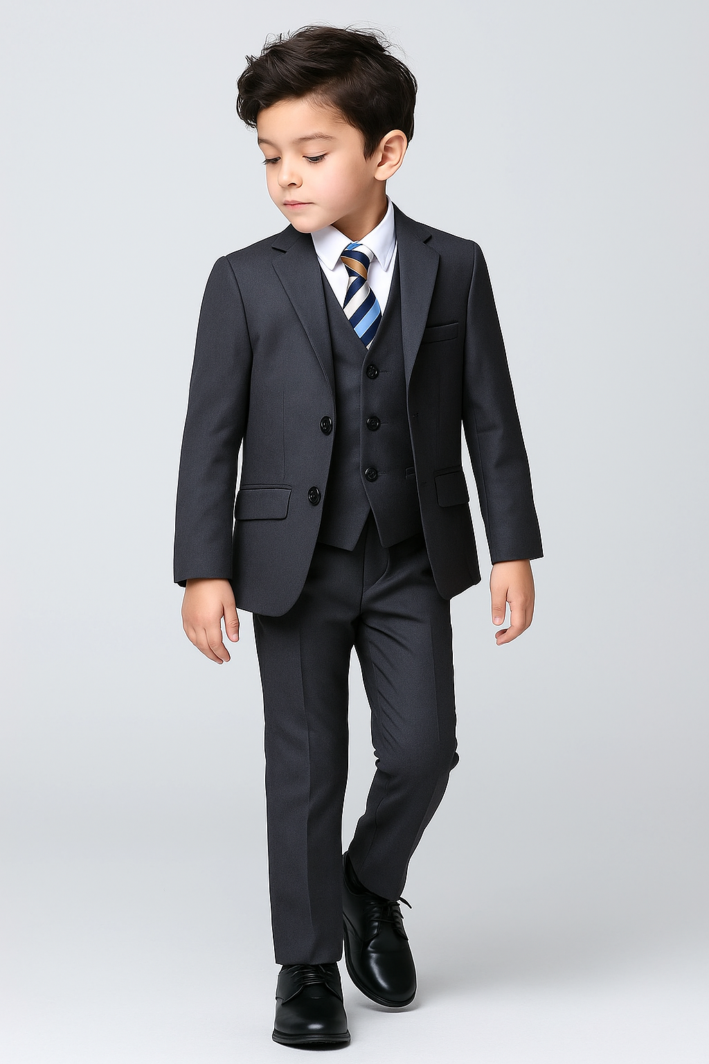 Boys Italian Cut Formal Dark Grey Suit - Charcoal Grey Model Front Picture