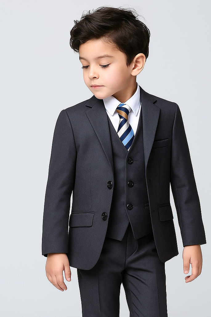 Boys Italian Cut Formal Dark Grey Suit - Charcoal Grey Model Picture