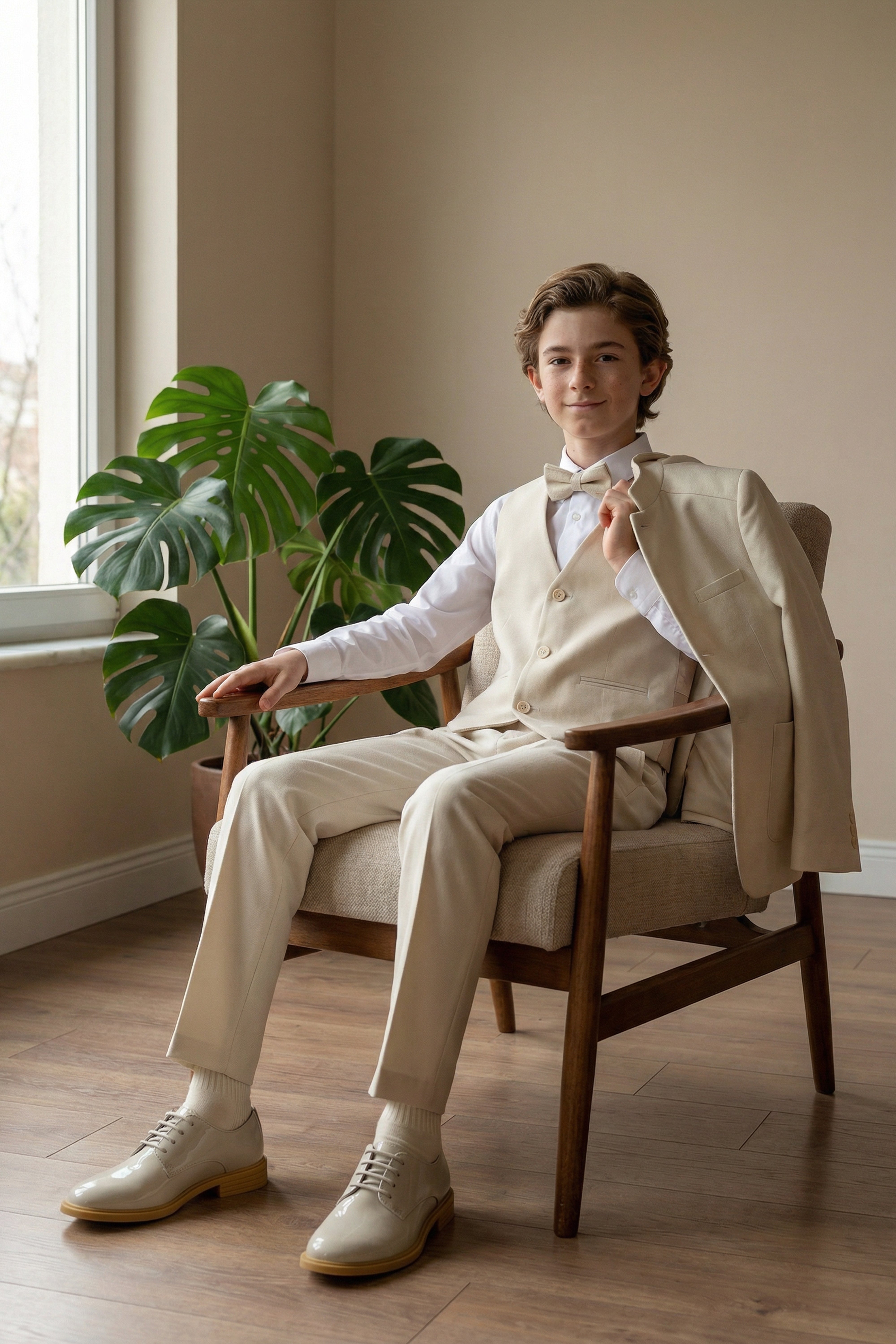 Boys’ Ivory 6-Piece Ottoman Formal Suit with Mandarin Collar Life Style Picture