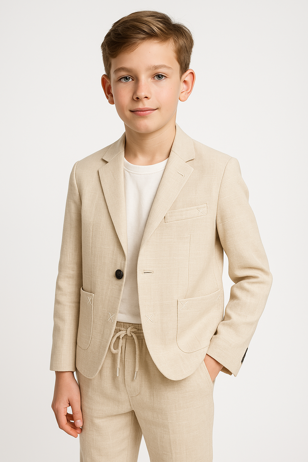 Boys’ Linen 2-Piece Slim Fit Casual Suit - Jogger - Cream Model Picture