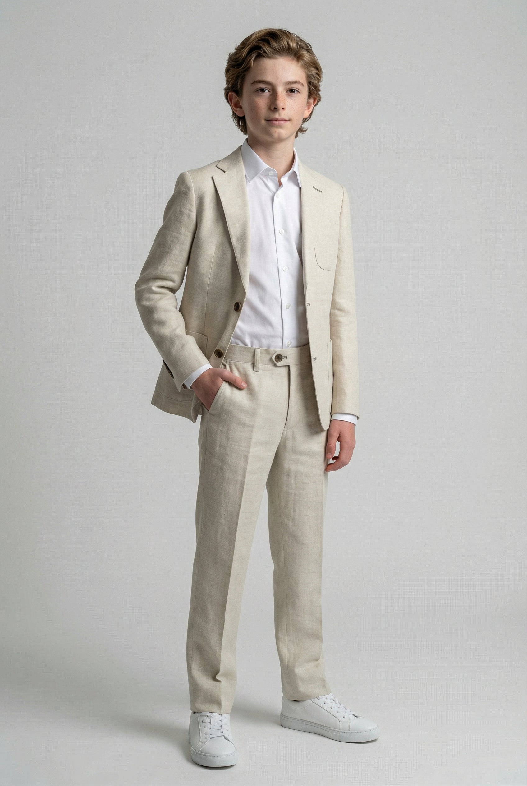 Boys Linen Suit with Elbow Patches - Tan Beige