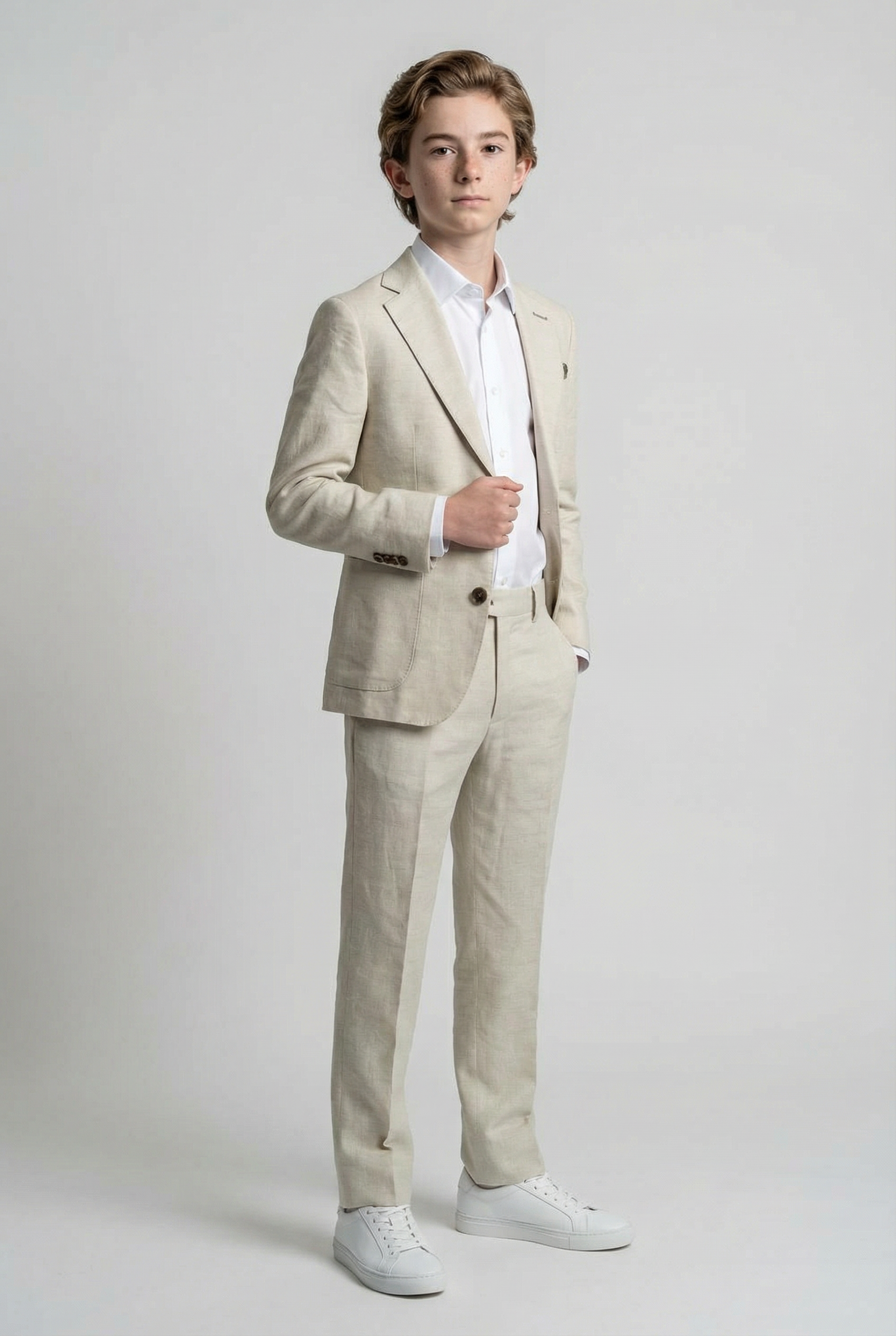 Boys Linen Suit with Elbow Patches - Tan Beige