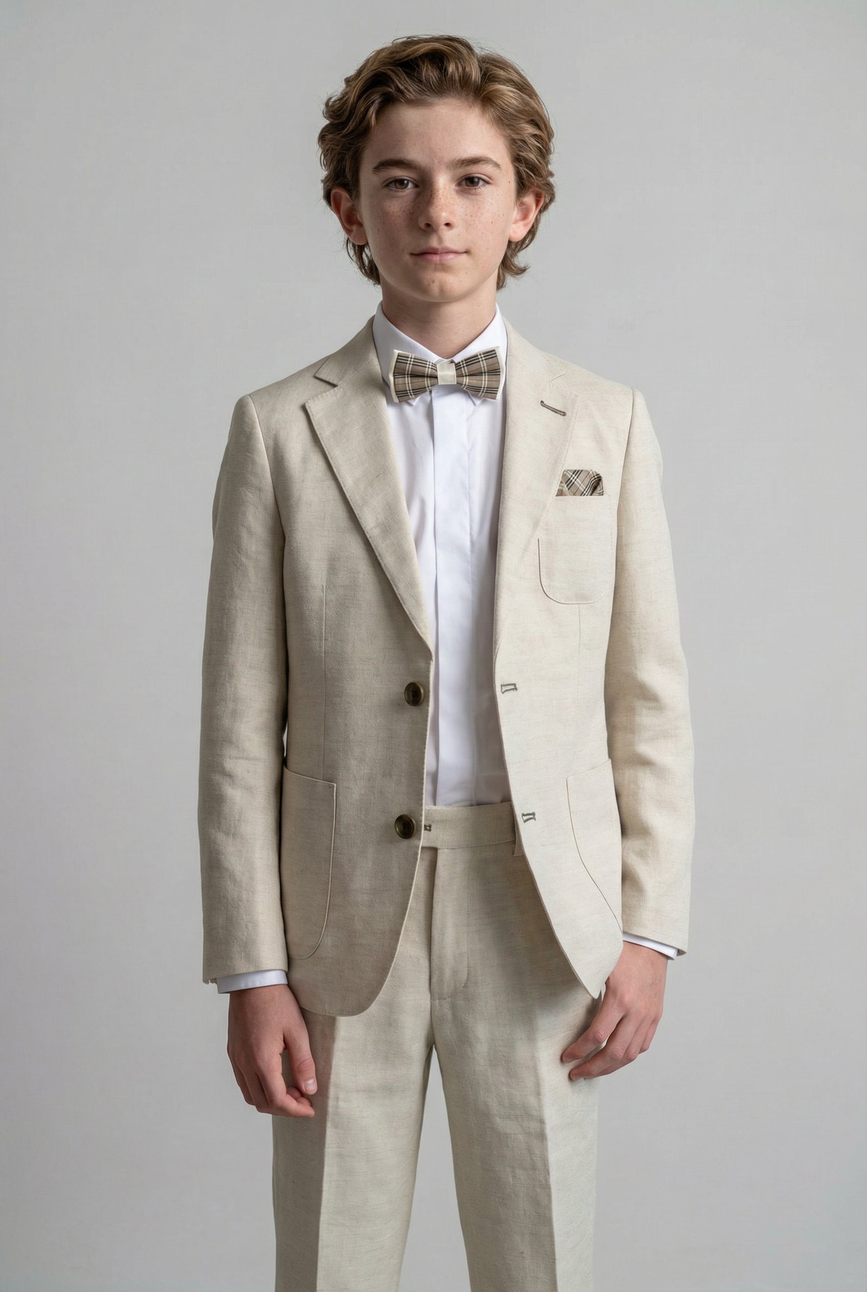 Boys Linen Suit with Elbow Patches - Tan Beige