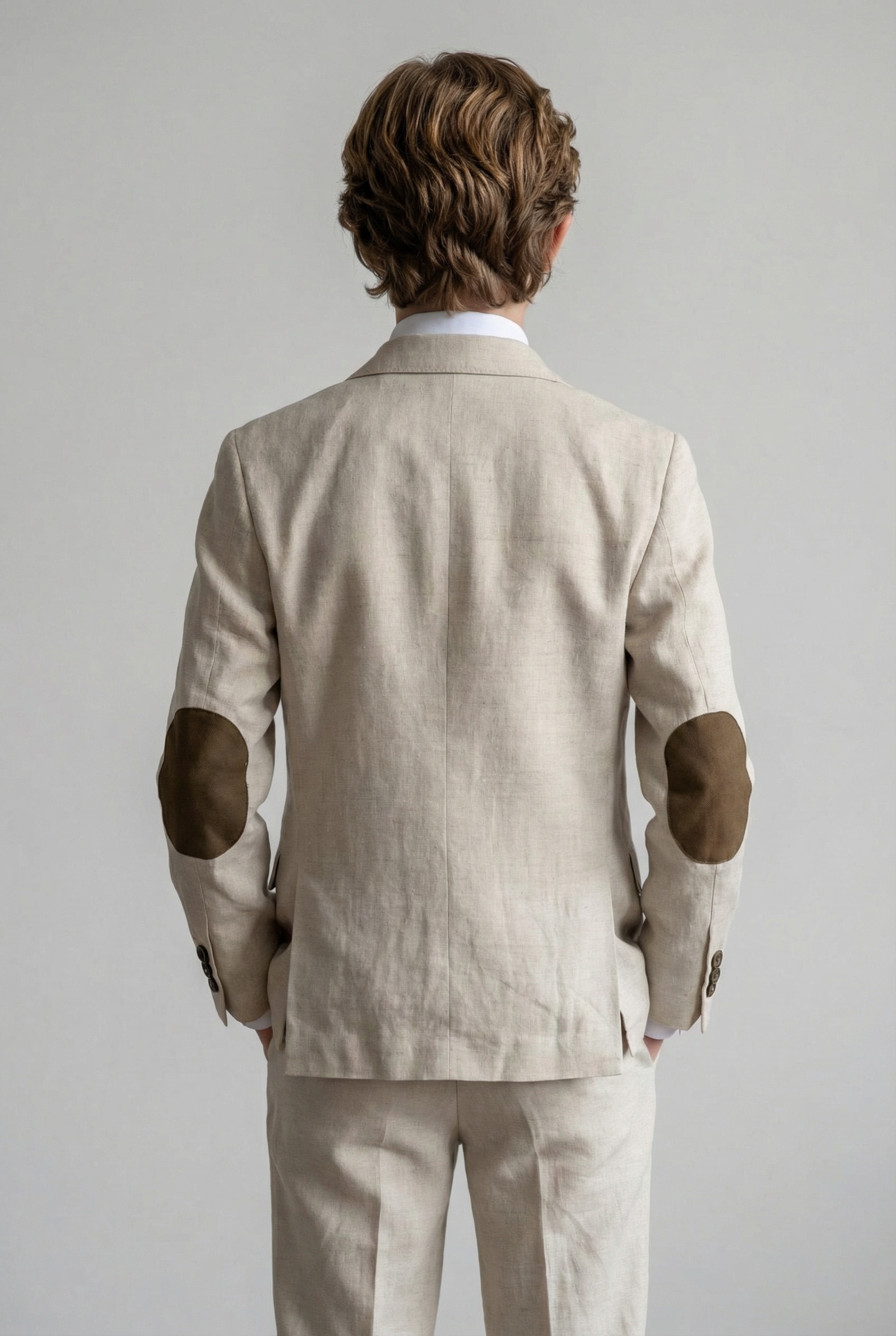 Boys Linen Suit with Elbow Patches - Tan Beige