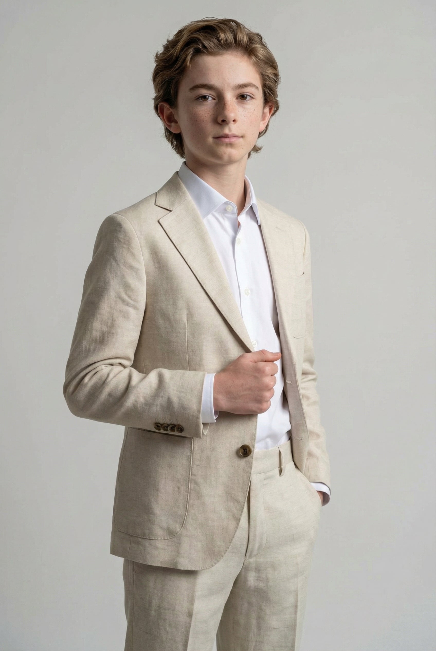 Boys Linen Suit with Elbow Patches - Tan Beige