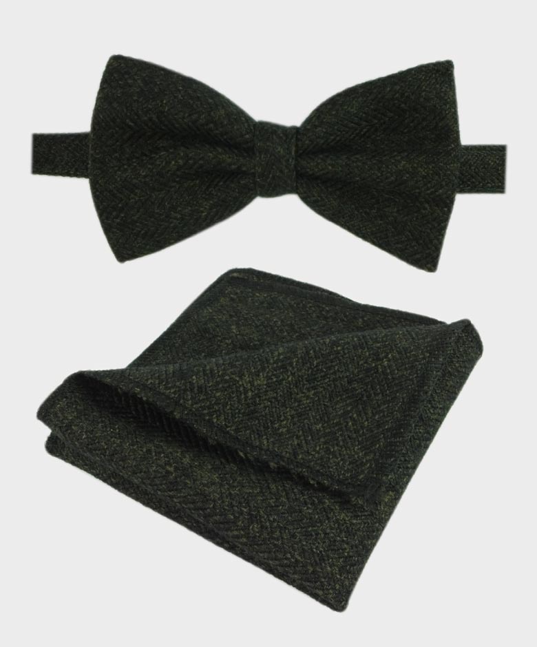 Boys & Men's Herringbone Tweed Bow Tie and Pocket Square - Alpini Green