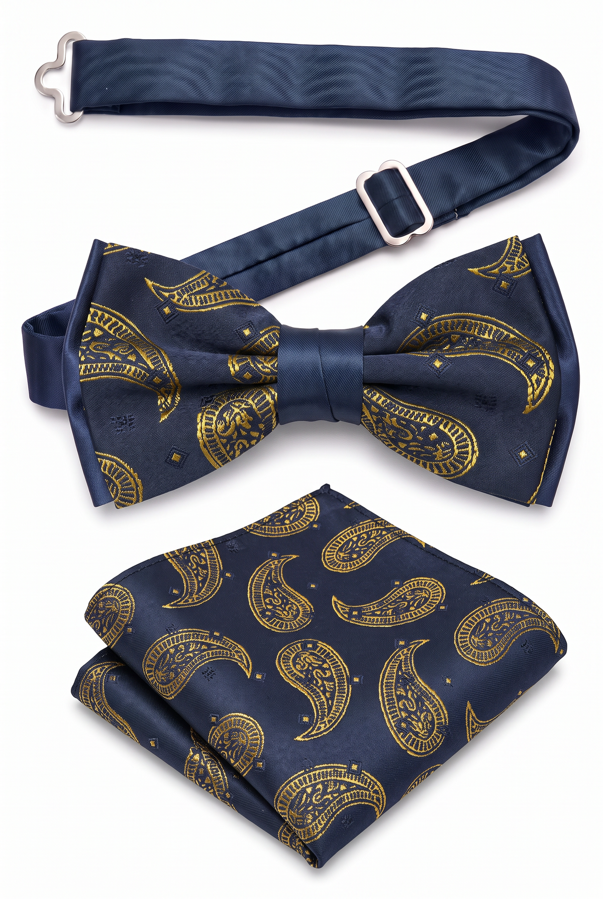 Boys & Men's Paisley Bow Tie or Bow Tie & Pocket Square Set - Navy Blue and Gold