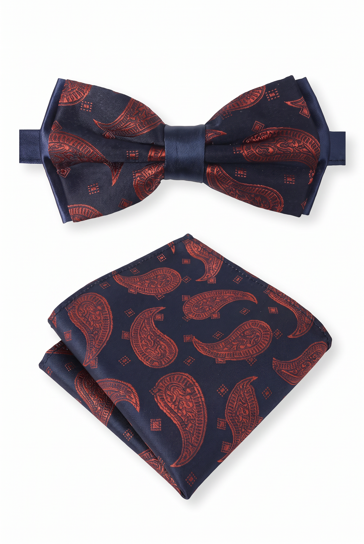 Boys & Men's Paisley Bow Tie or Bow Tie & Pocket Square Set - Navy Blue and Red