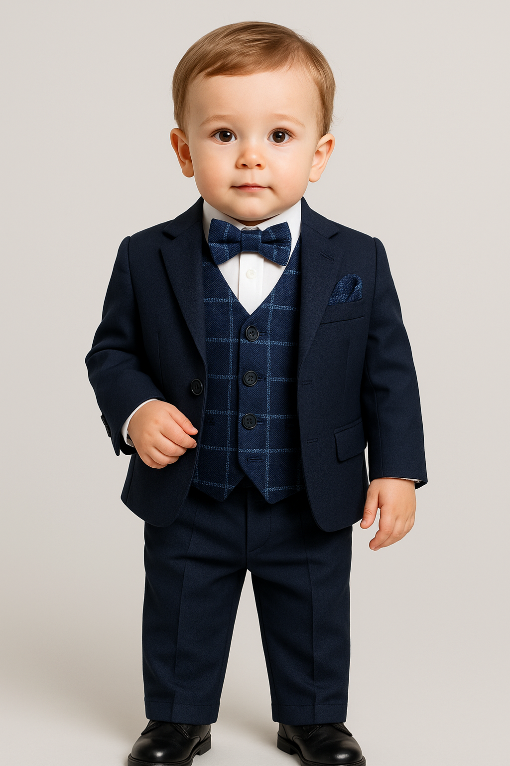 Boys Navy with Tweed Check Waistcoat Suit Set - Navy Blue
