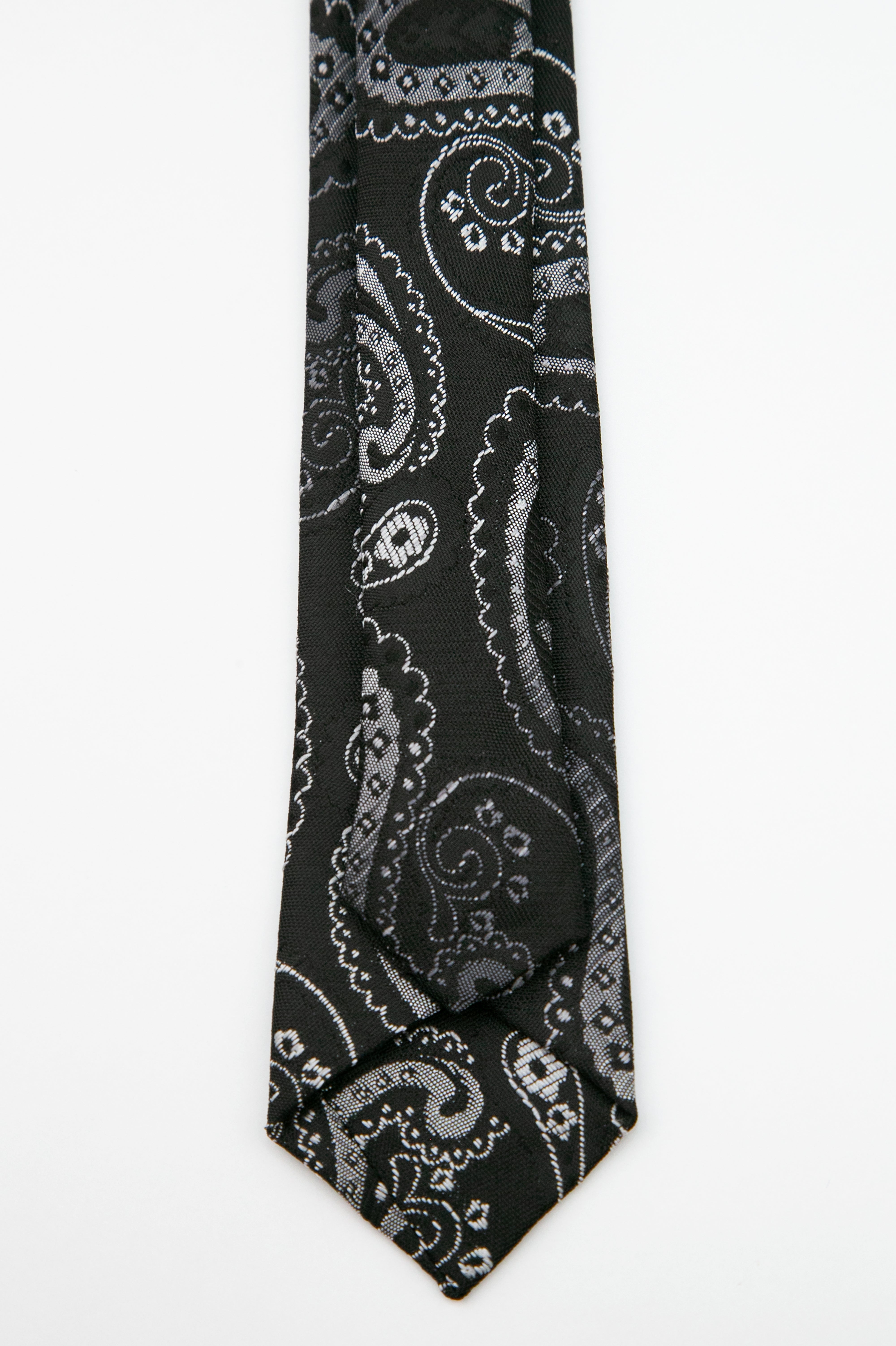 Boys’ Paisley Slim Tie & Pocket Square Set - Black and Silver Back Picture