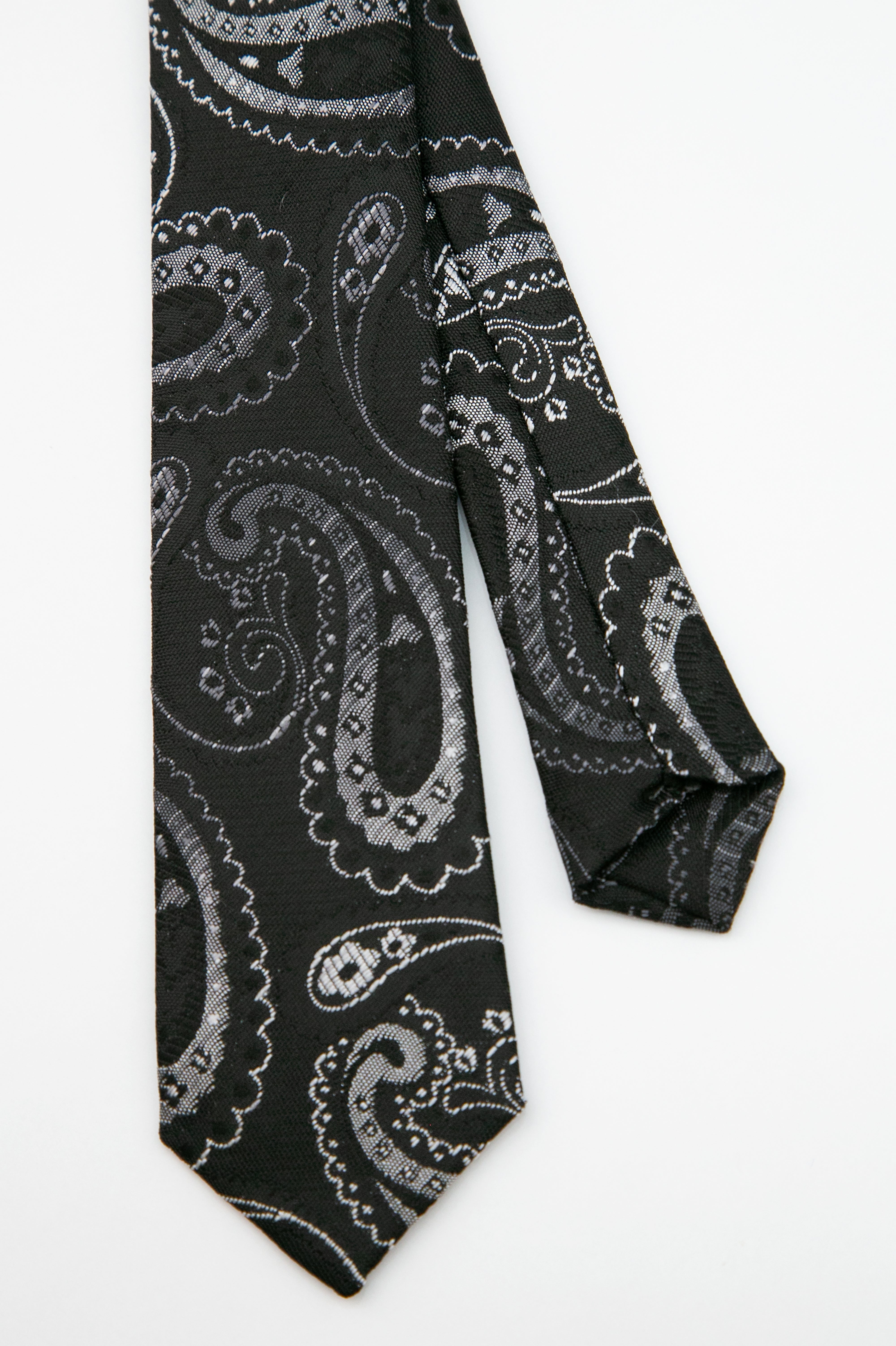 Boys’ Paisley Slim Tie & Pocket Square Set - Black and Silver Front and Back Picture