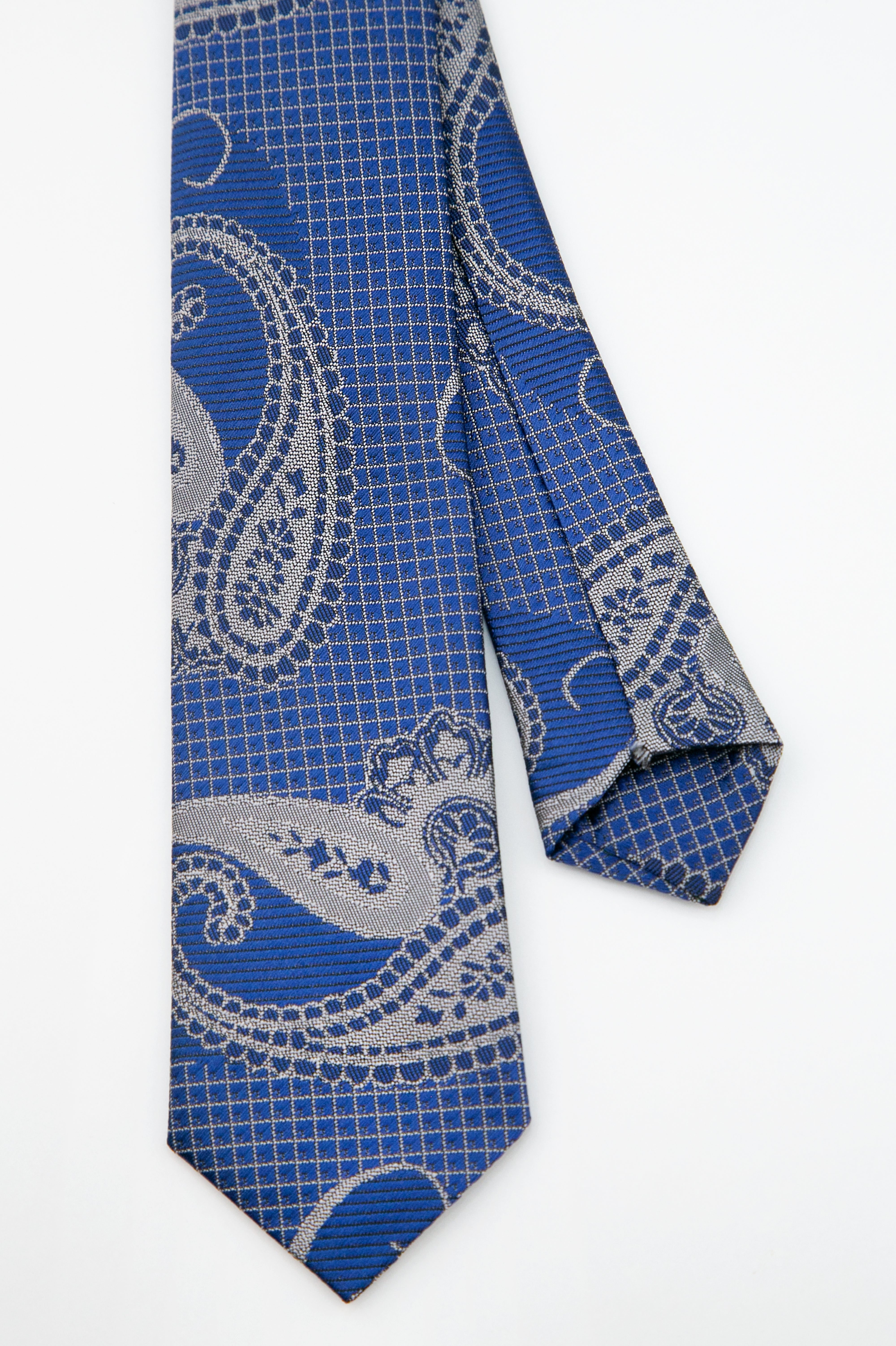 Boys’ Paisley Slim Tie & Pocket Square Set - Blue and Silver Front and Back Picture