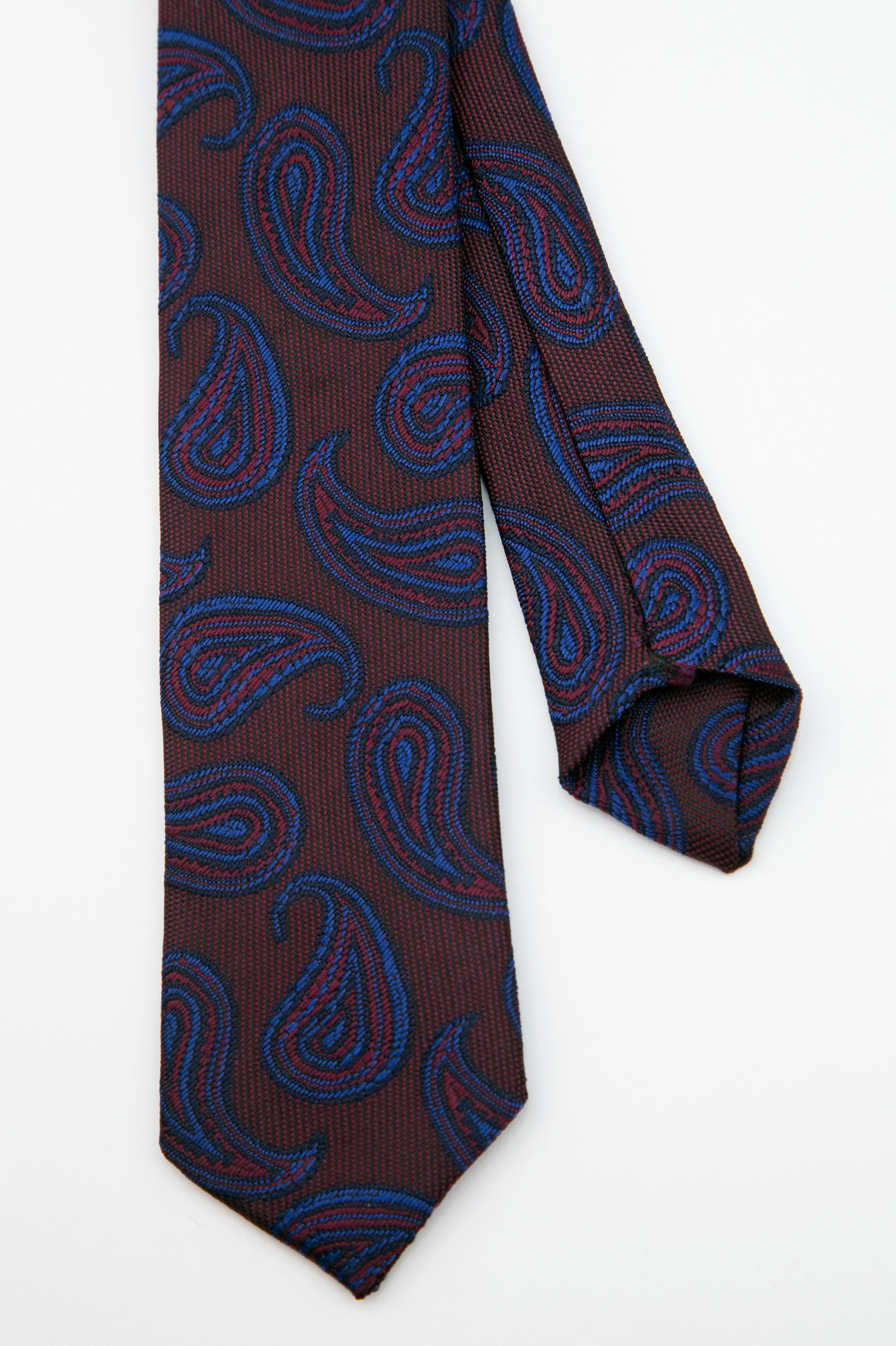 Boys’ Paisley Slim Tie & Pocket Square Set - Burgundy and Navy Front and Back Picture