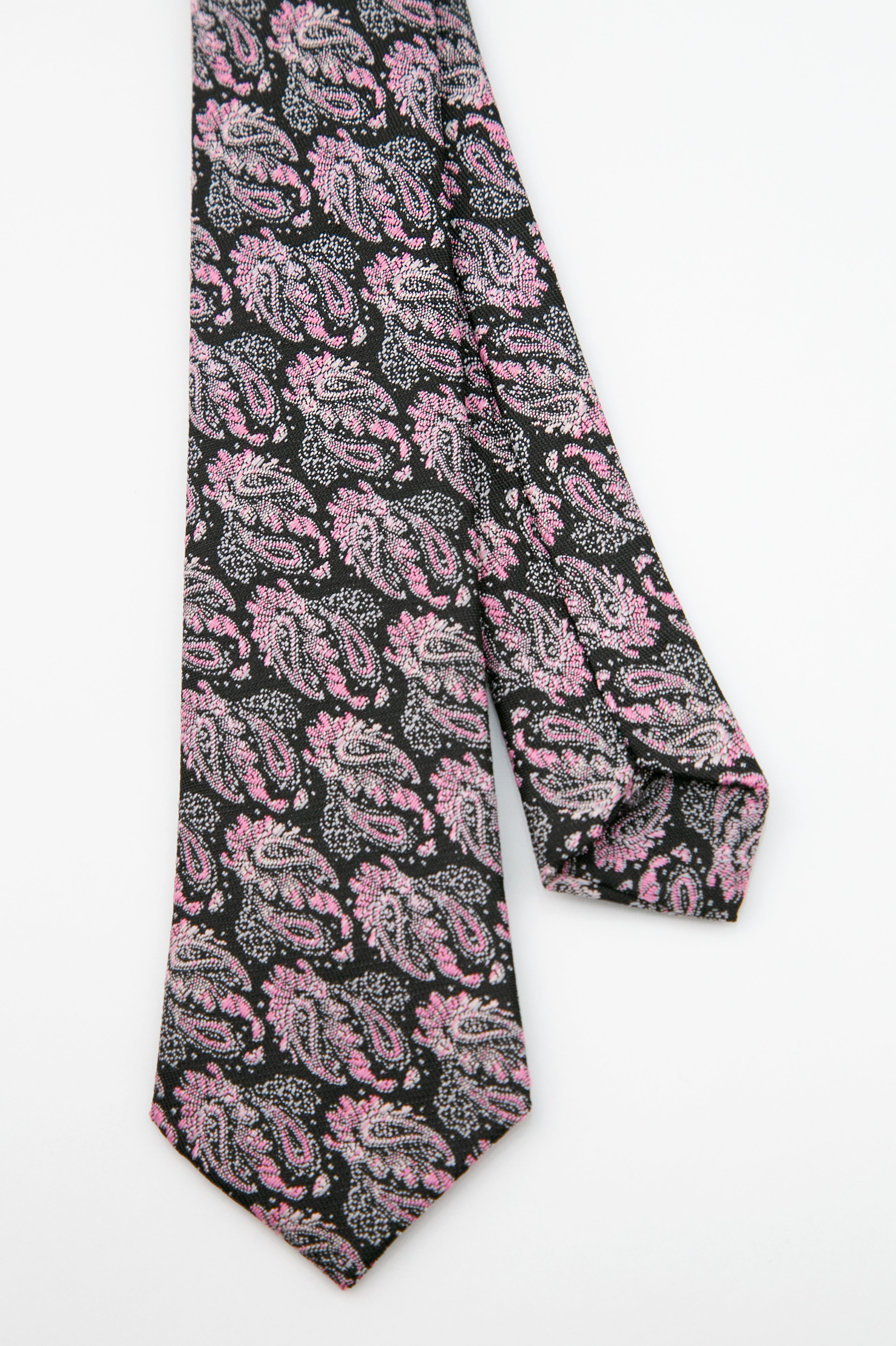 Boys’ Paisley Slim Tie & Pocket Square Set - Pink and Black Front and Back Picture
