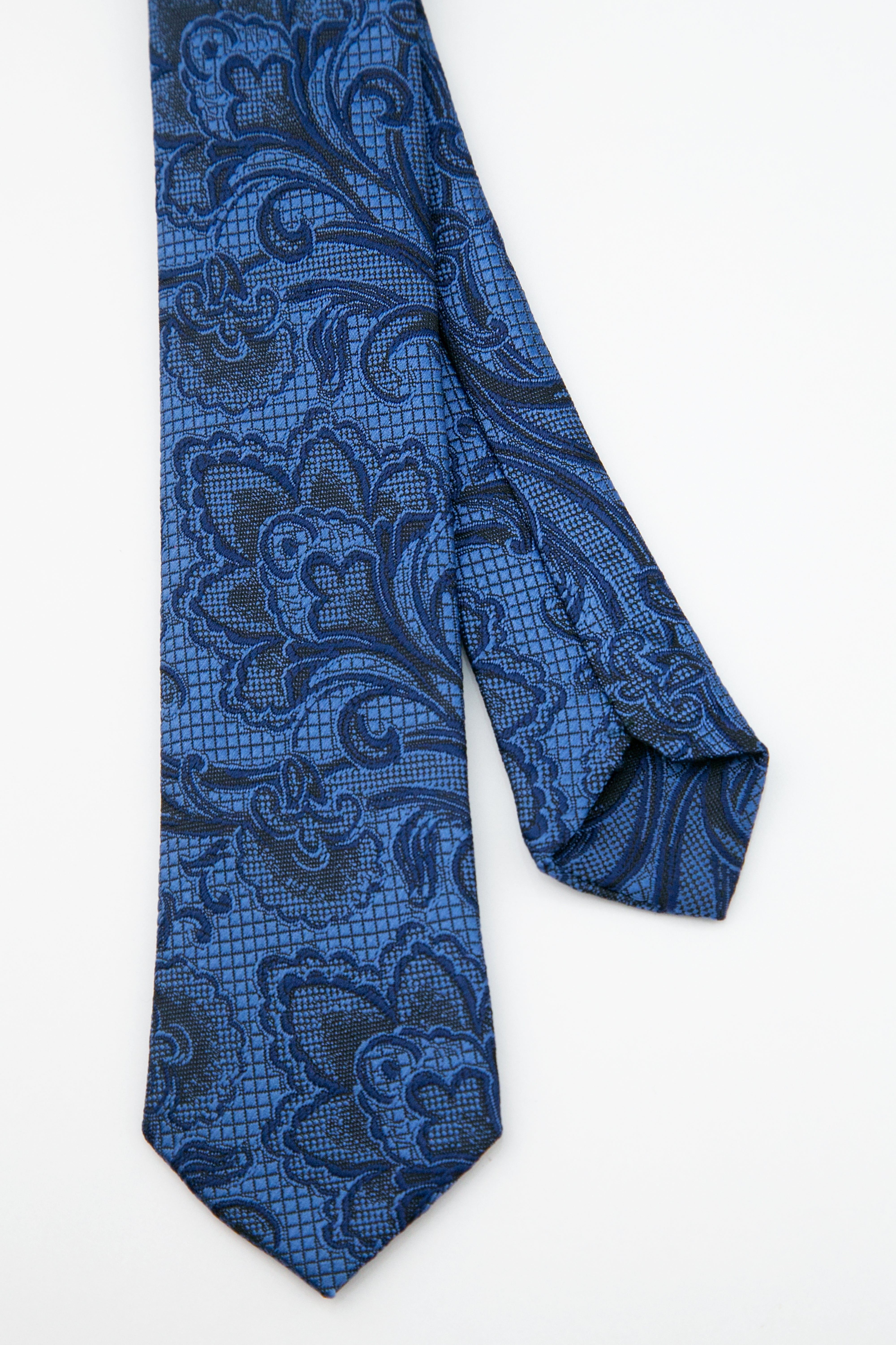 Boys’ Paisley Slim Tie & Pocket Square Set - Royal Blue Front and Back Picture