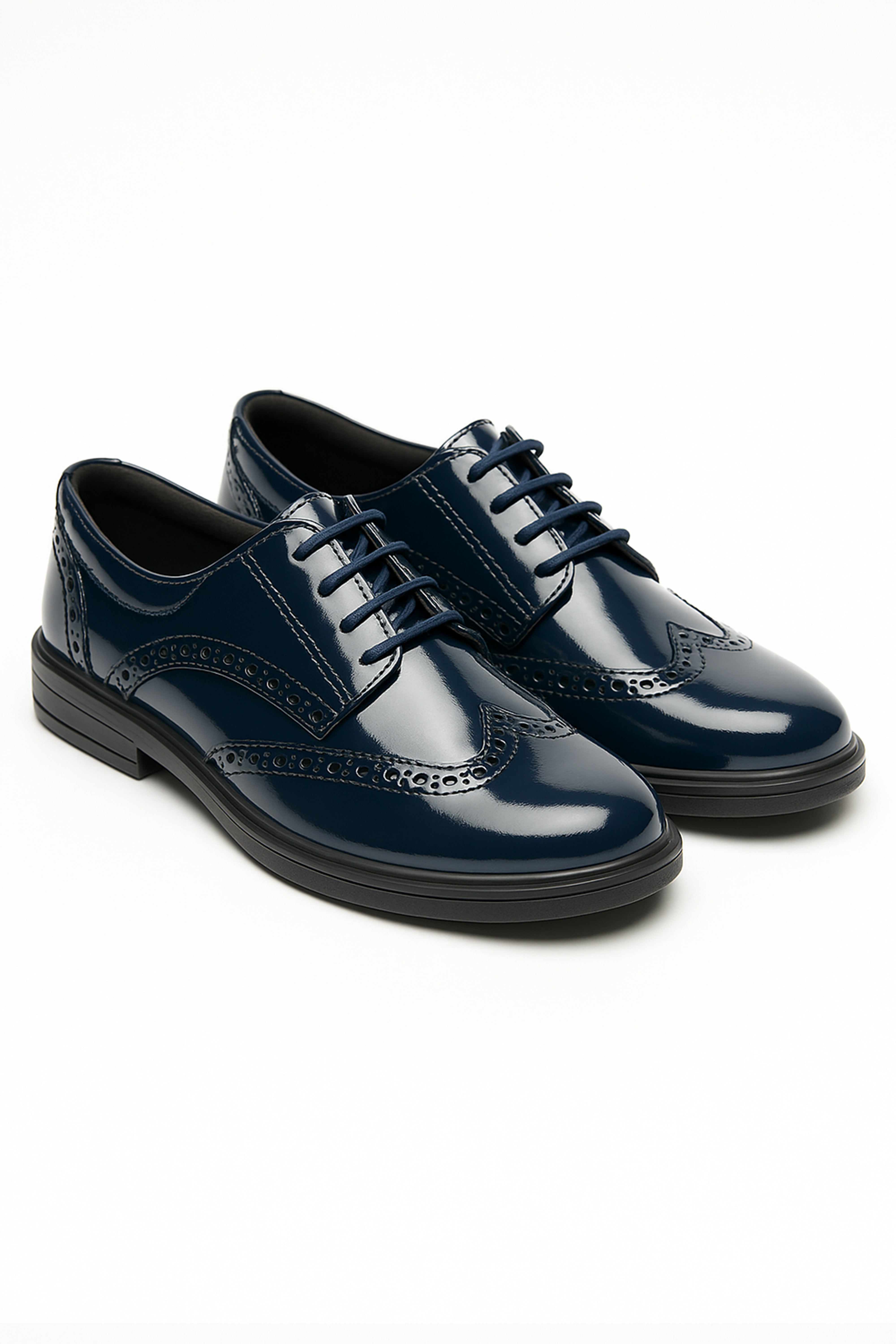 Boys’ Patent Derby Brogue Lace-Up Dress Shoes - Navy Blue Pair Side Picture