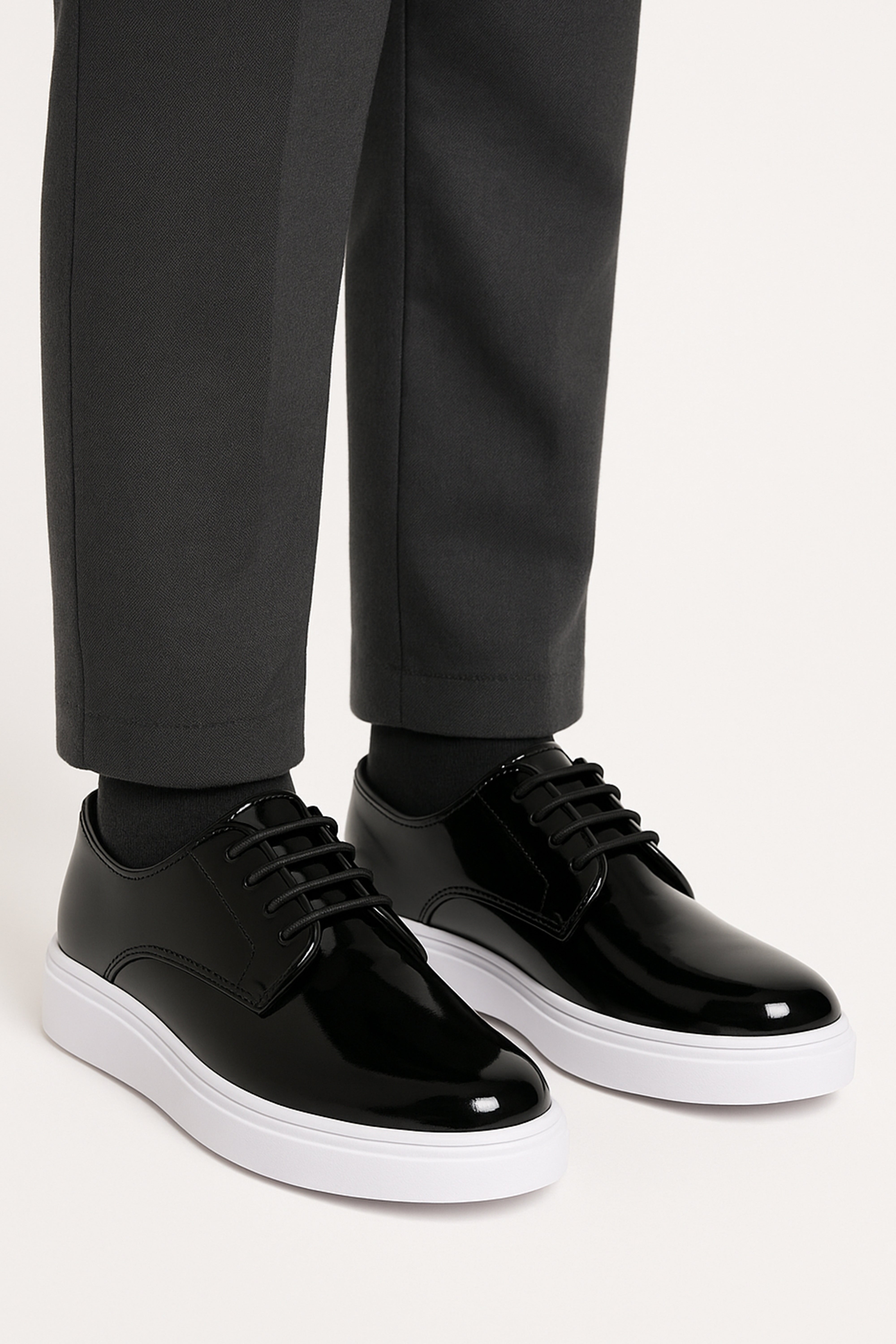 Boys Patent Black Lace-up Sneaker with White Thick Sole - Black