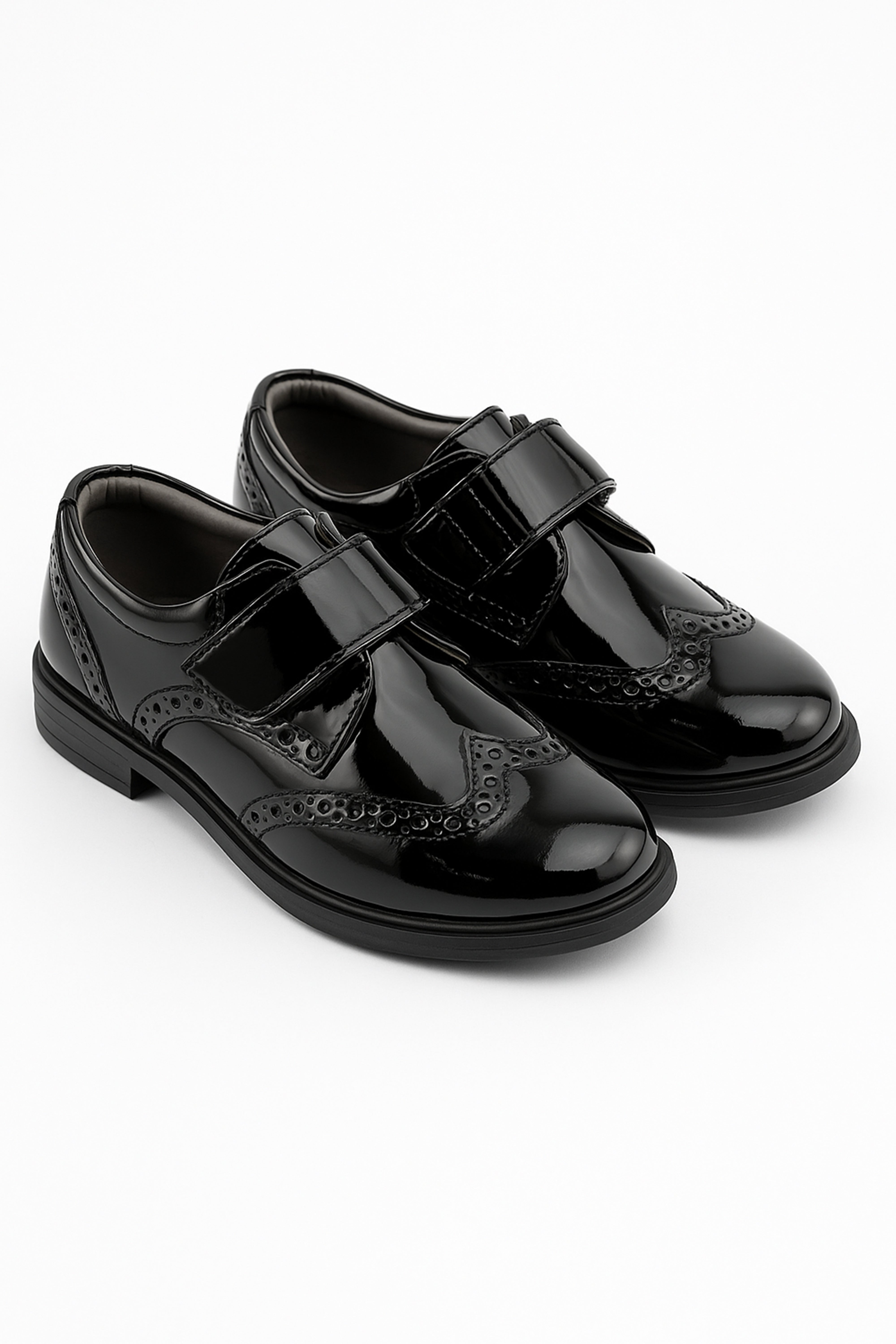 Boys Patent Brogue Velcro Dress Shoes - Black Pair Side Picture