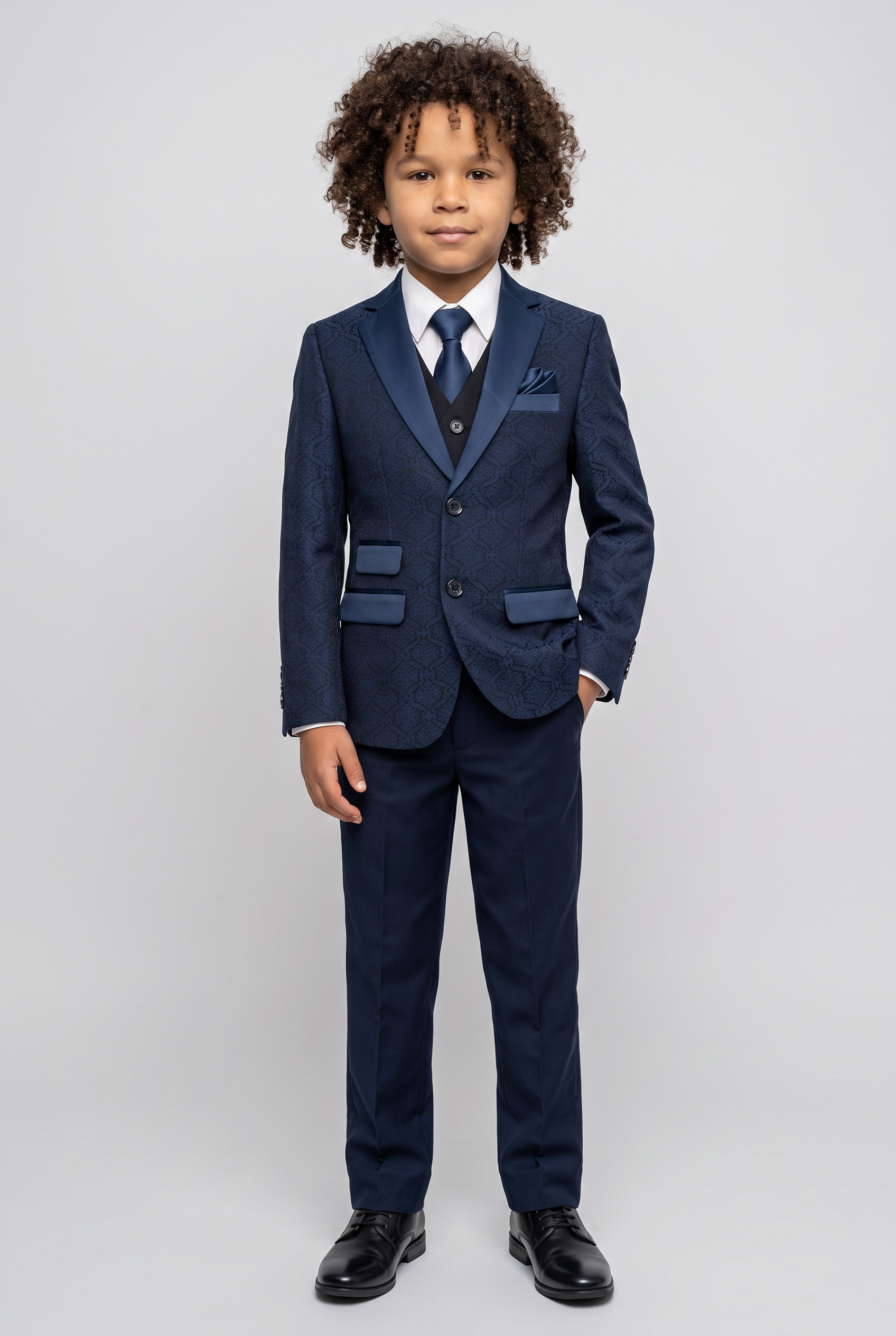 Boys Patterned Navy Suit - JACQUARD - Navy Blue