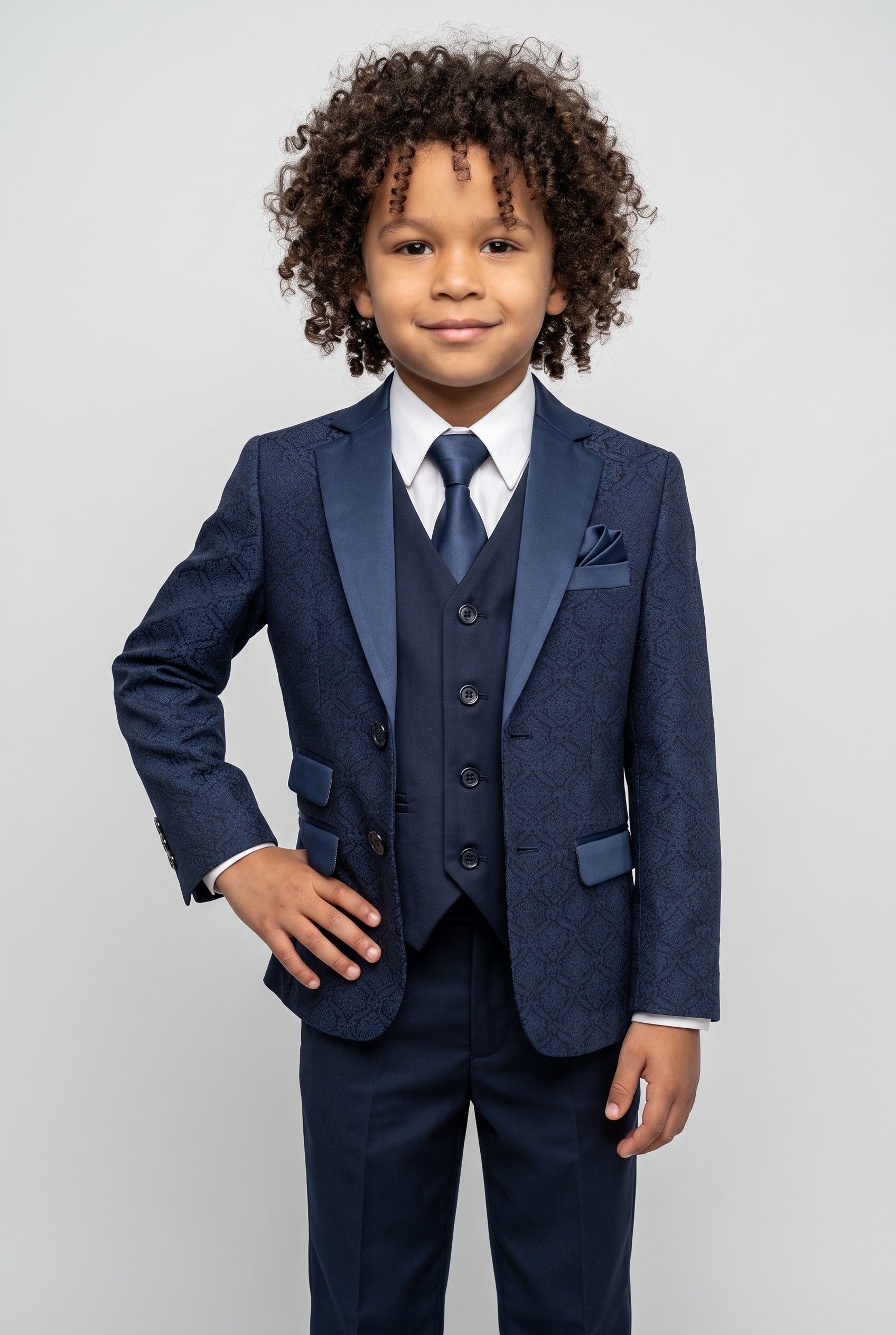 Boys Patterned Navy Suit - JACQUARD - Navy Blue