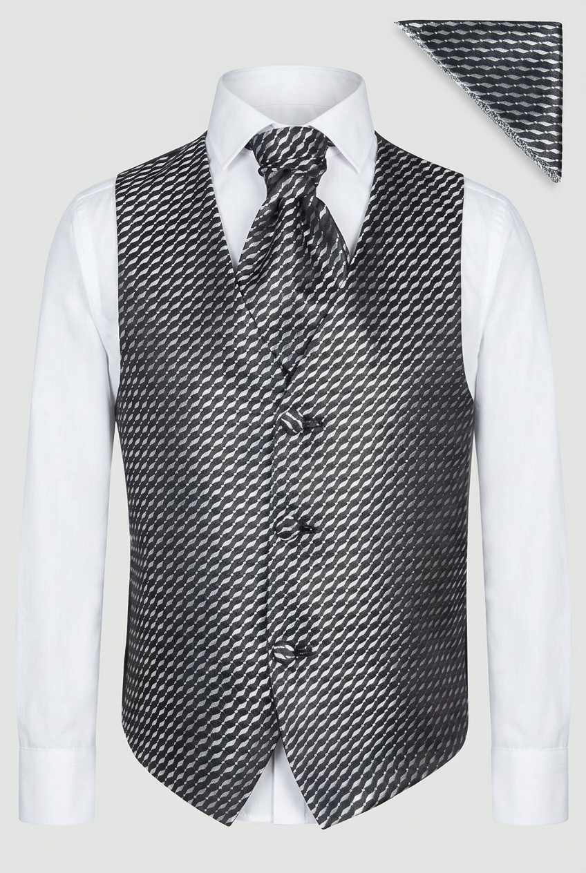 Boys Patterned Waistcoat Cravat Hanky Set - Black