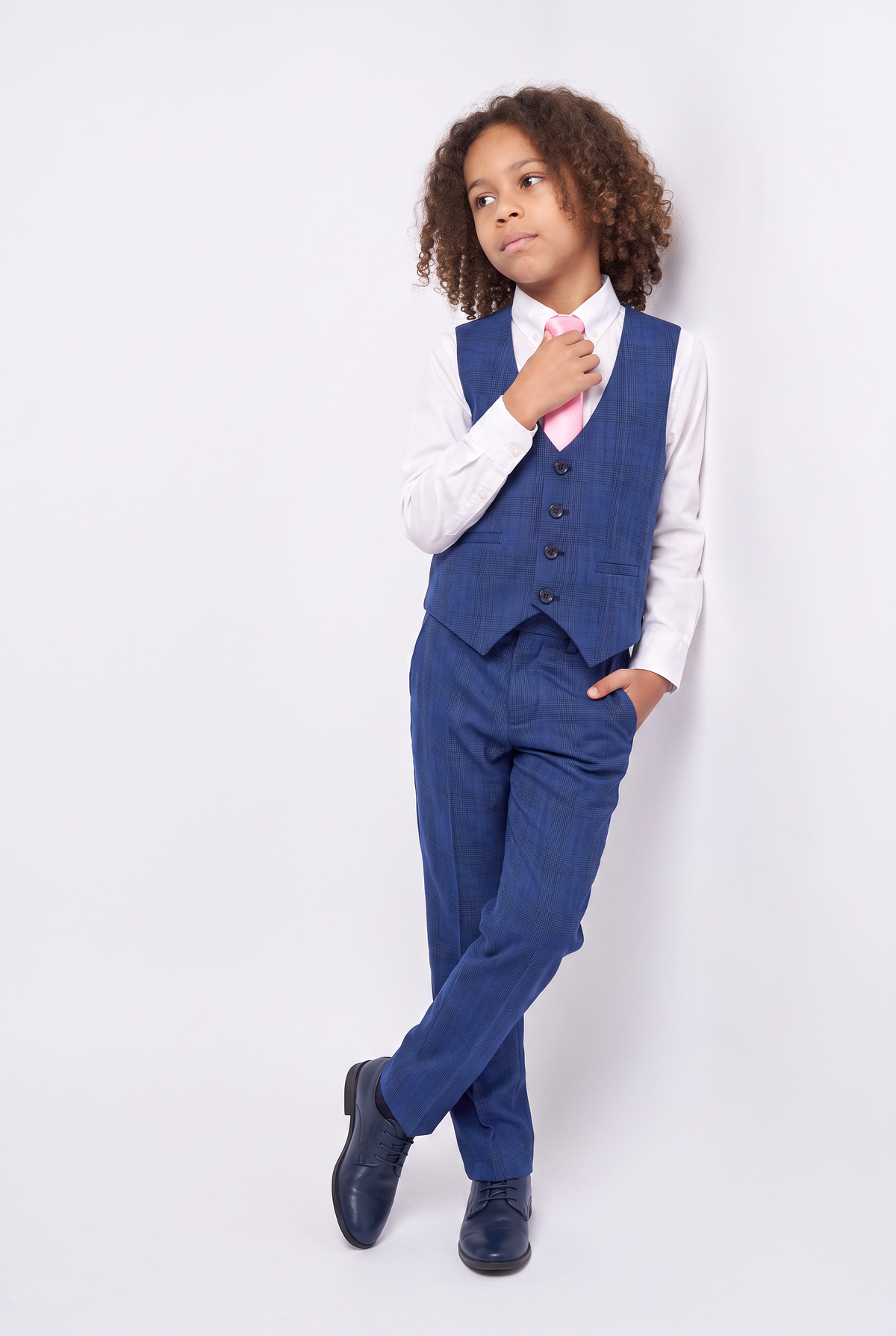 Boys Plaid Check Tailored Fit Blue Suit - LIONEL - Mid Blue