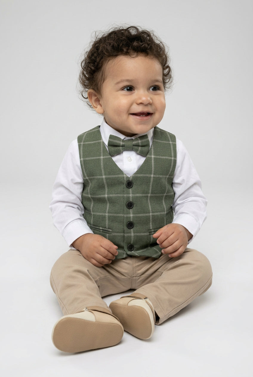 Boys Plaid Check Waistcoat Set - Sage Green