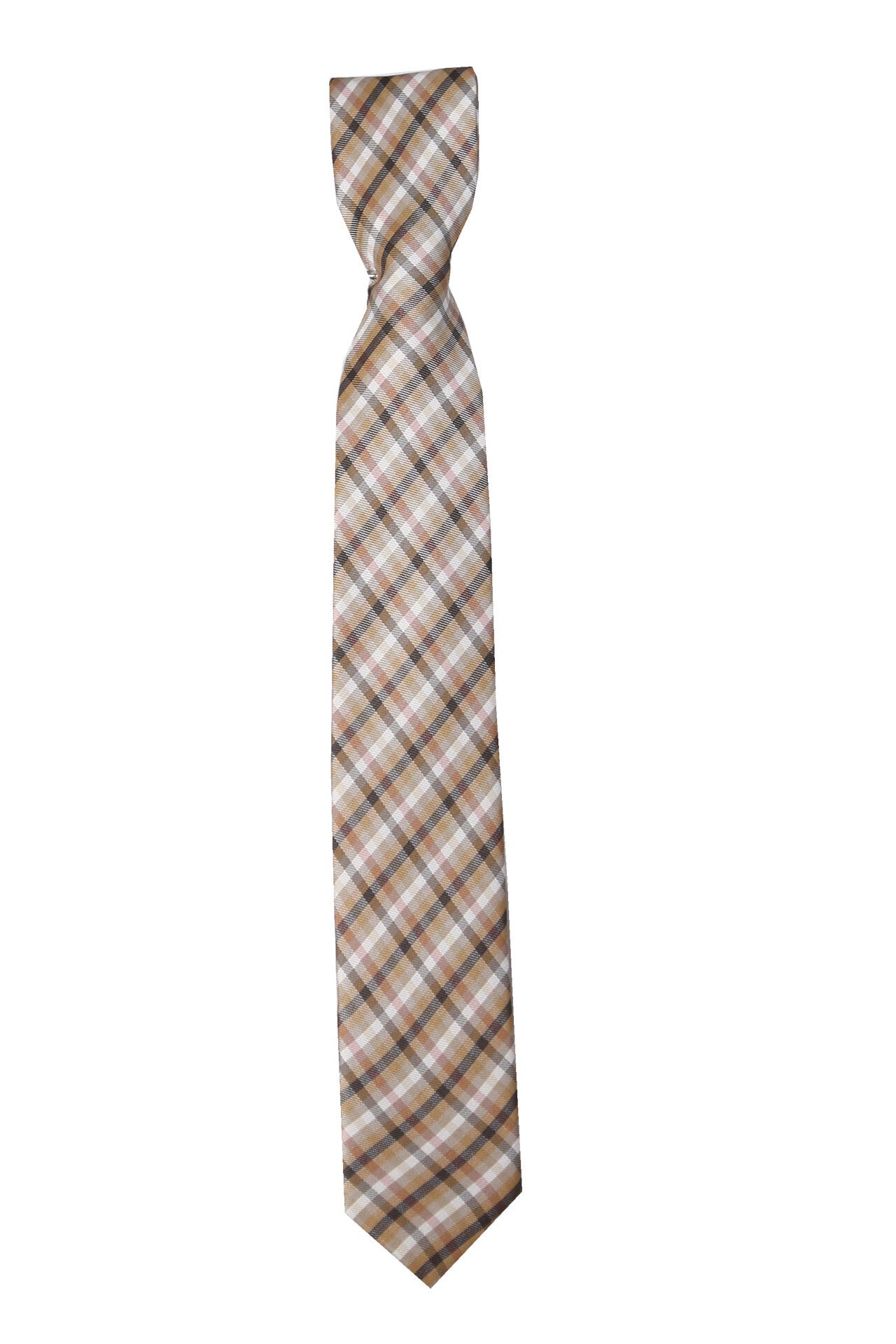 Boys Plaid Checkered Tie Brown and White