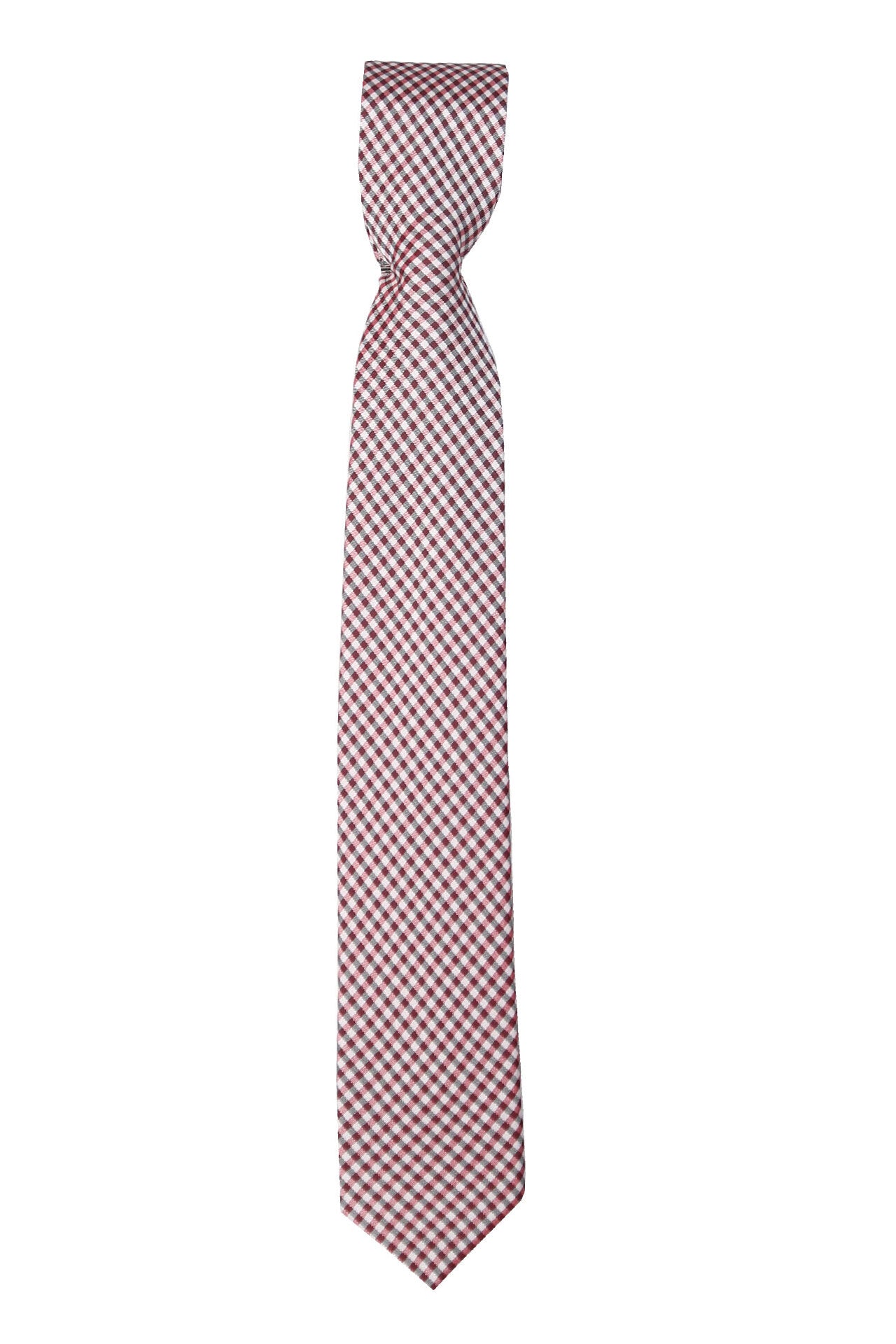 Boys Plaid Checkered Tie Burgundy and Grey