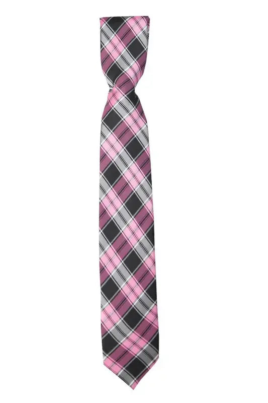 Boys Plaid Checkered Tie Pink and Grey