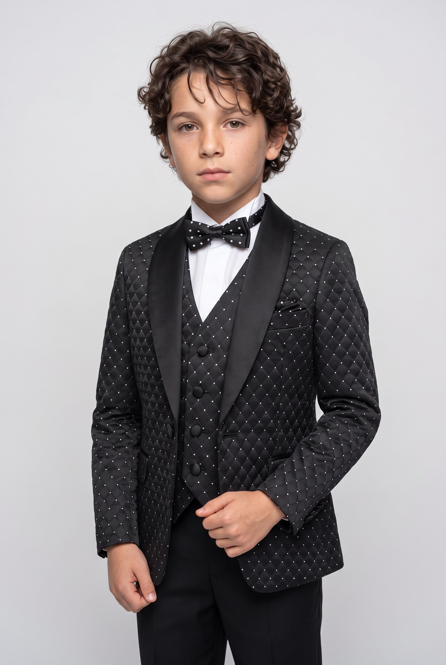 Boys Quilted Dotted Black Tuxedo Suit
