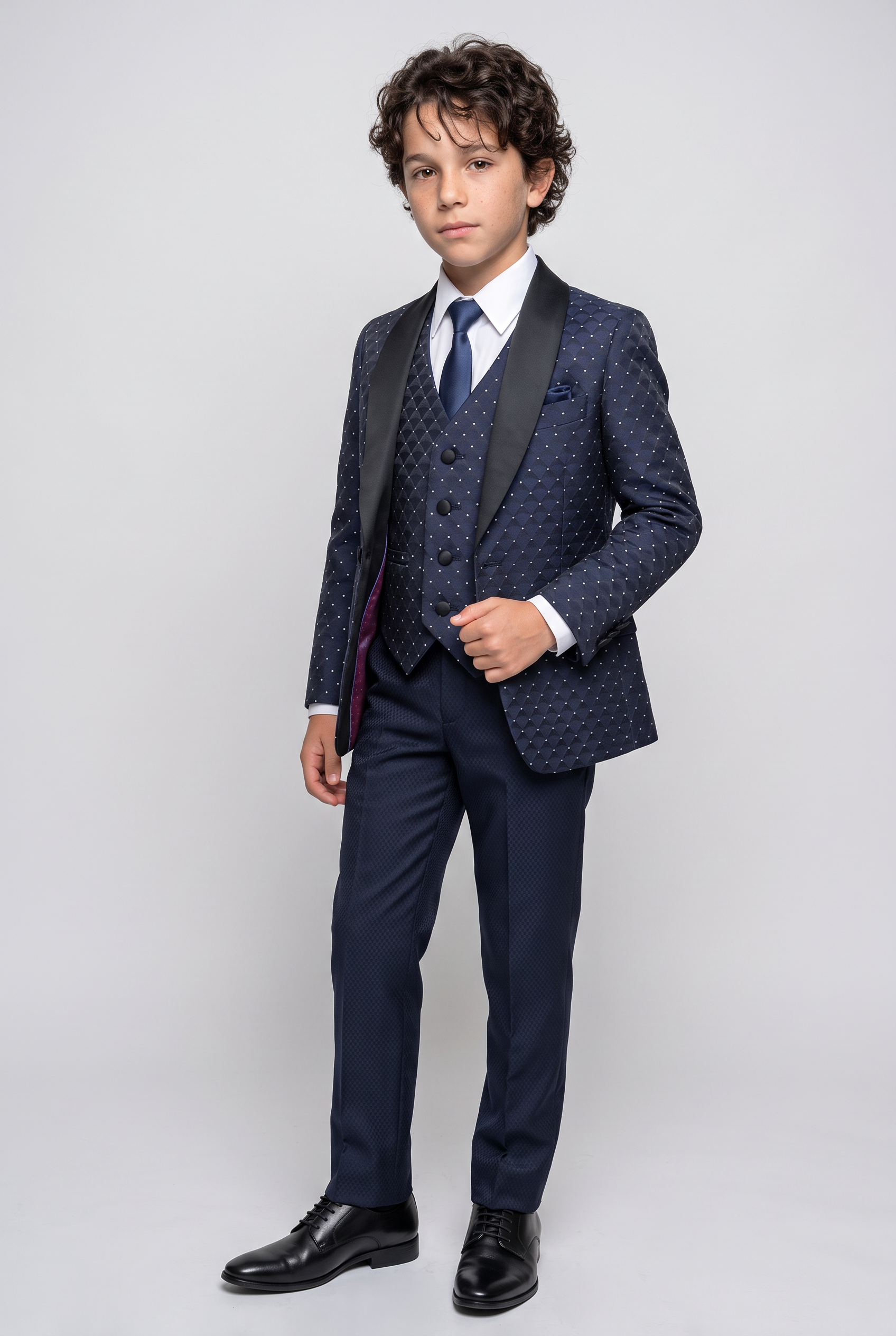 Boys Quilted Dotted Navy Tuxedo Suit