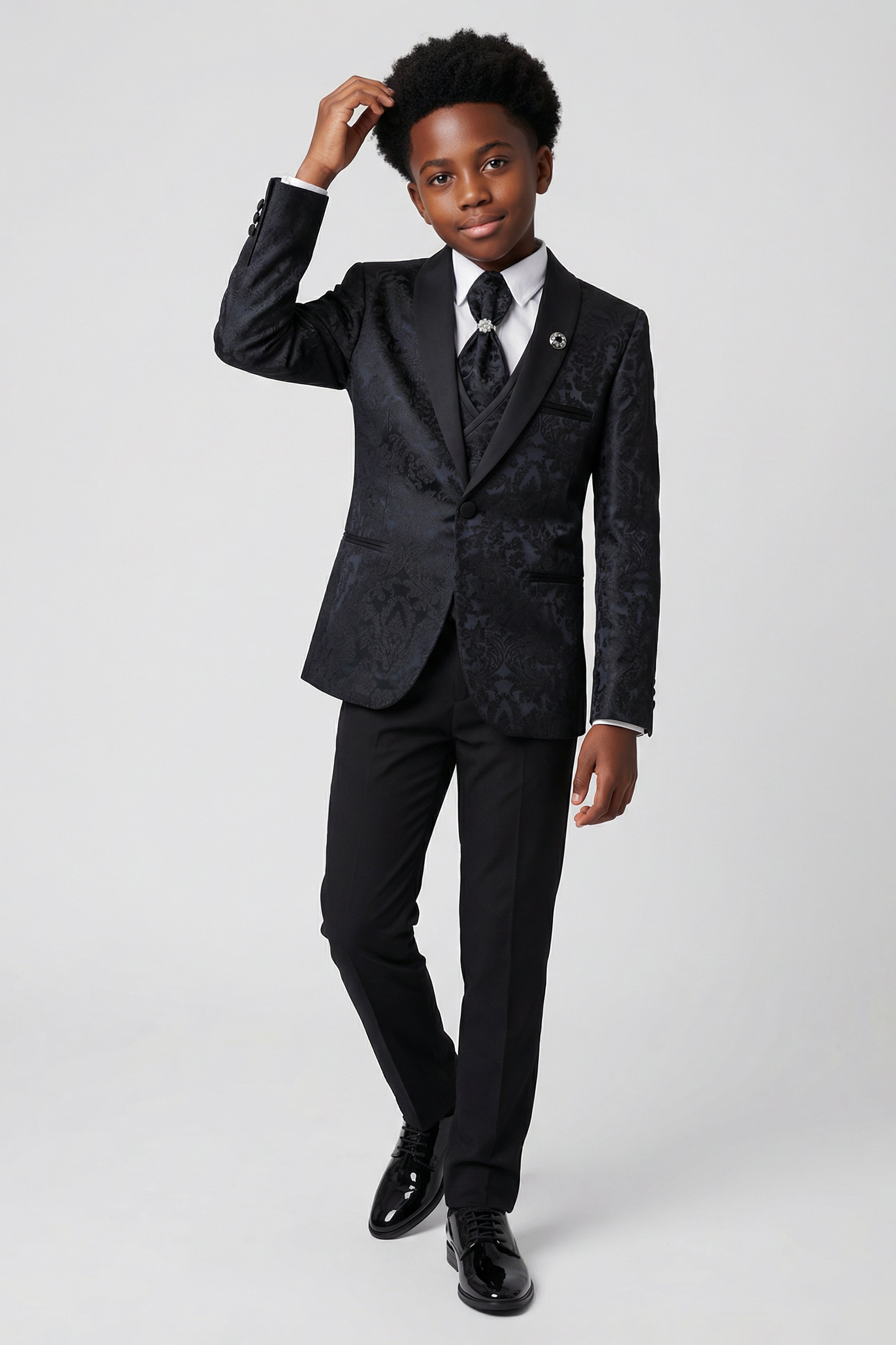 Boys Satin Lapel Paisley Floral Tuxedo Suit Set - Black